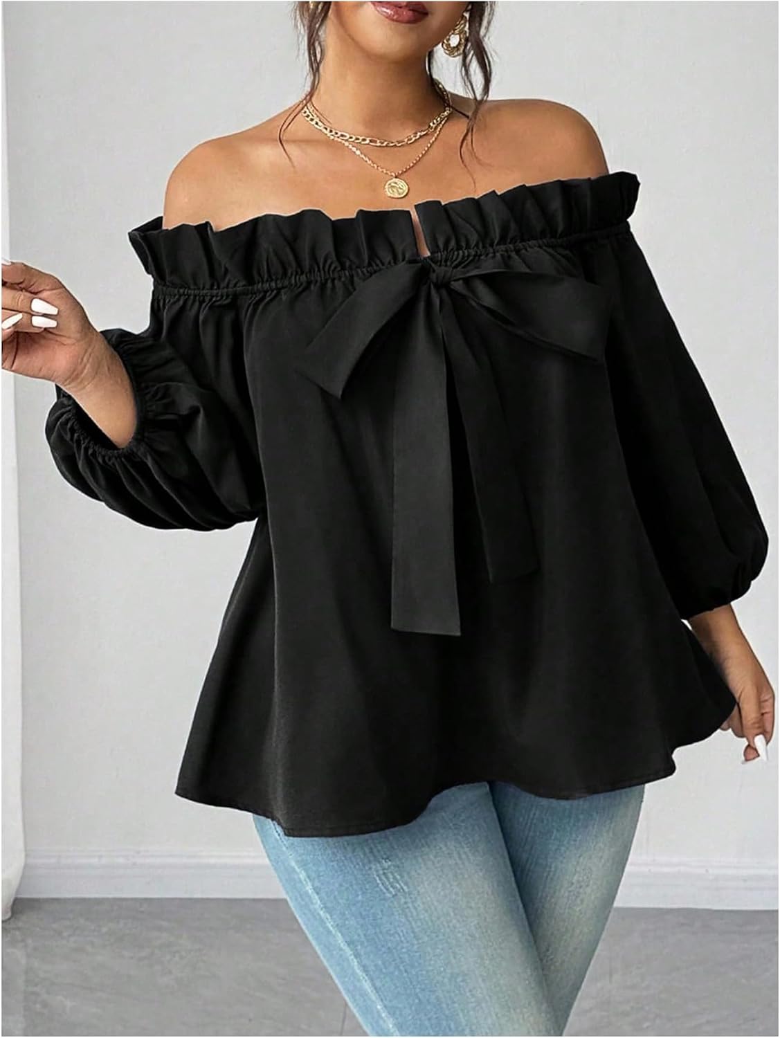 OYOANGLE Women's Plus Size Off Shoulder Blouse Bow Tops Lantern Sleeve Frill Trim Flared Shirts - Image 4