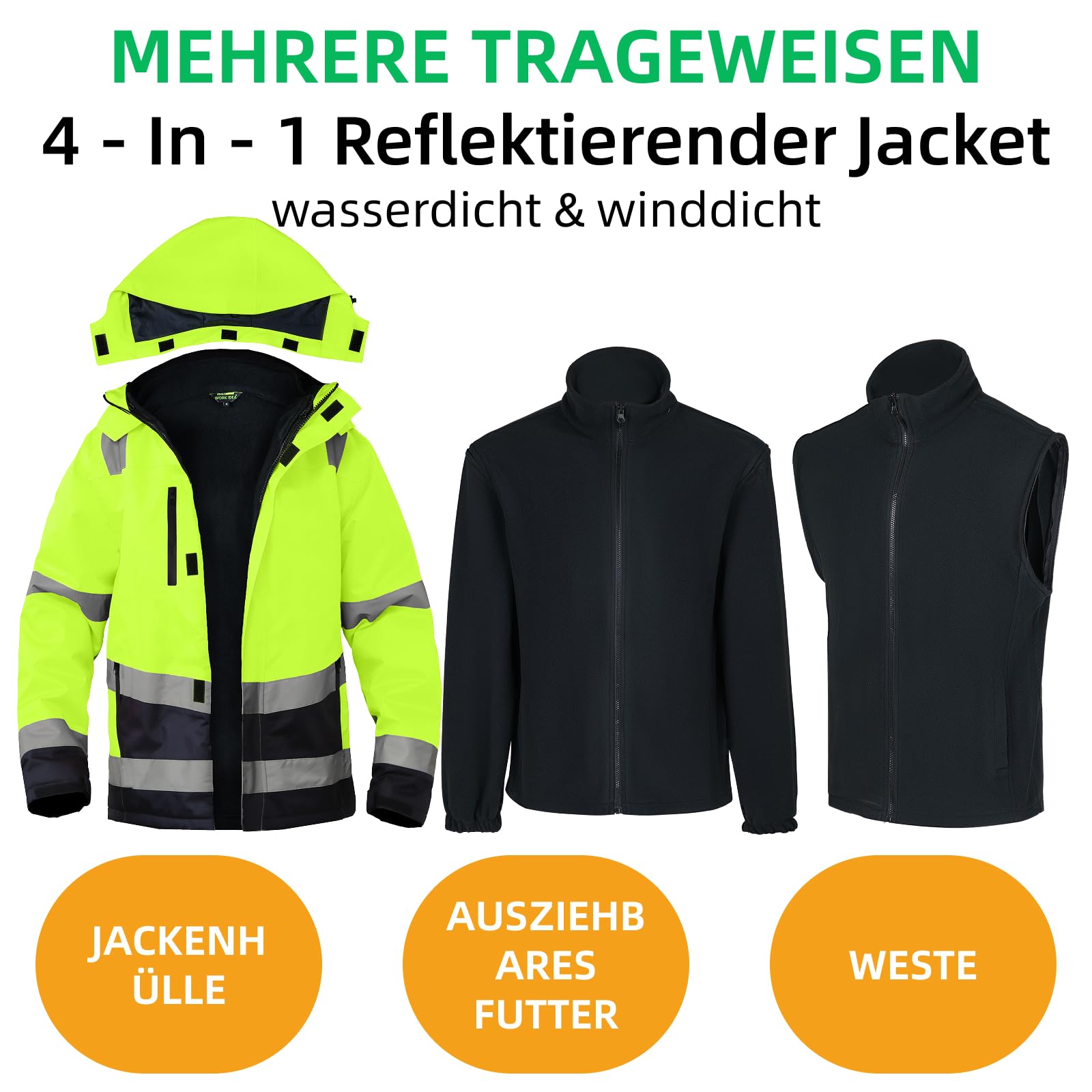 WORK IDEA Vielseitige 3-in-1 Arbeitsjacke mit Reflektoren - Wasserdicht, Winddicht, atmungsaktiv - Ideale Winter-Arbeitskleidung und Warnschutzjacke für alle Jahreszeiten