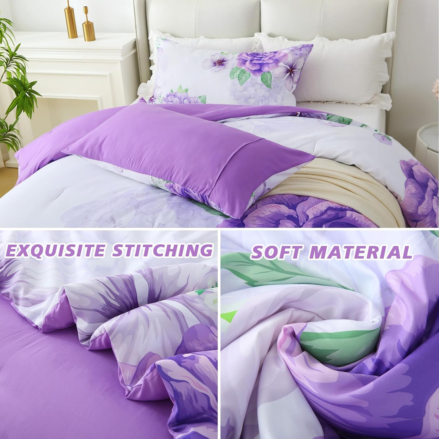 Floral Comforter Set Queen Size, 3 Pieces Elegant Purple Floral Bed in a Bag, Soft Microfiber Botanical Flower Bedding Set with 2 Pillowcases for All Season 90"×90" - Image 5