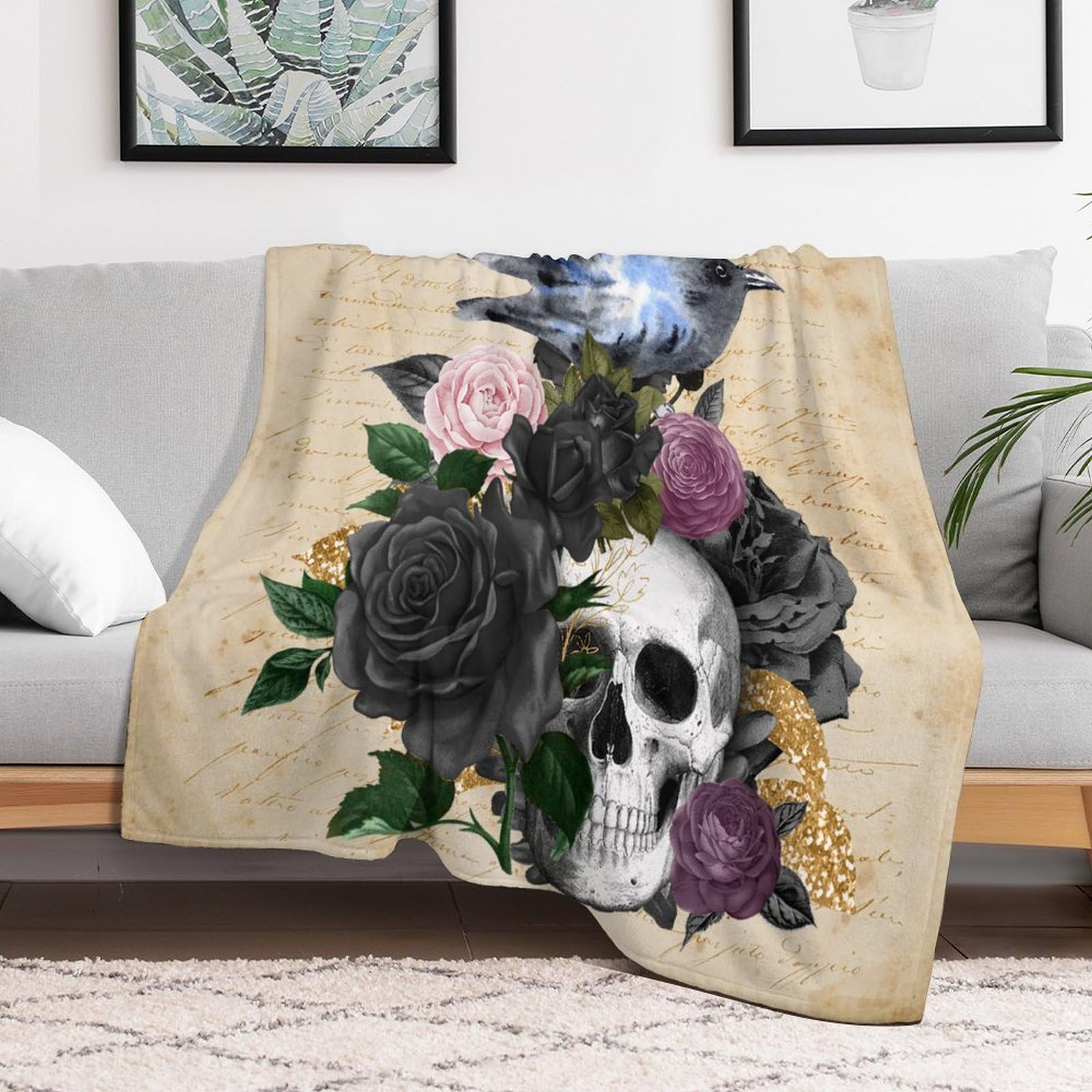 Couverture polaire douce et thermo-régulatrice squelette et corbeau rose