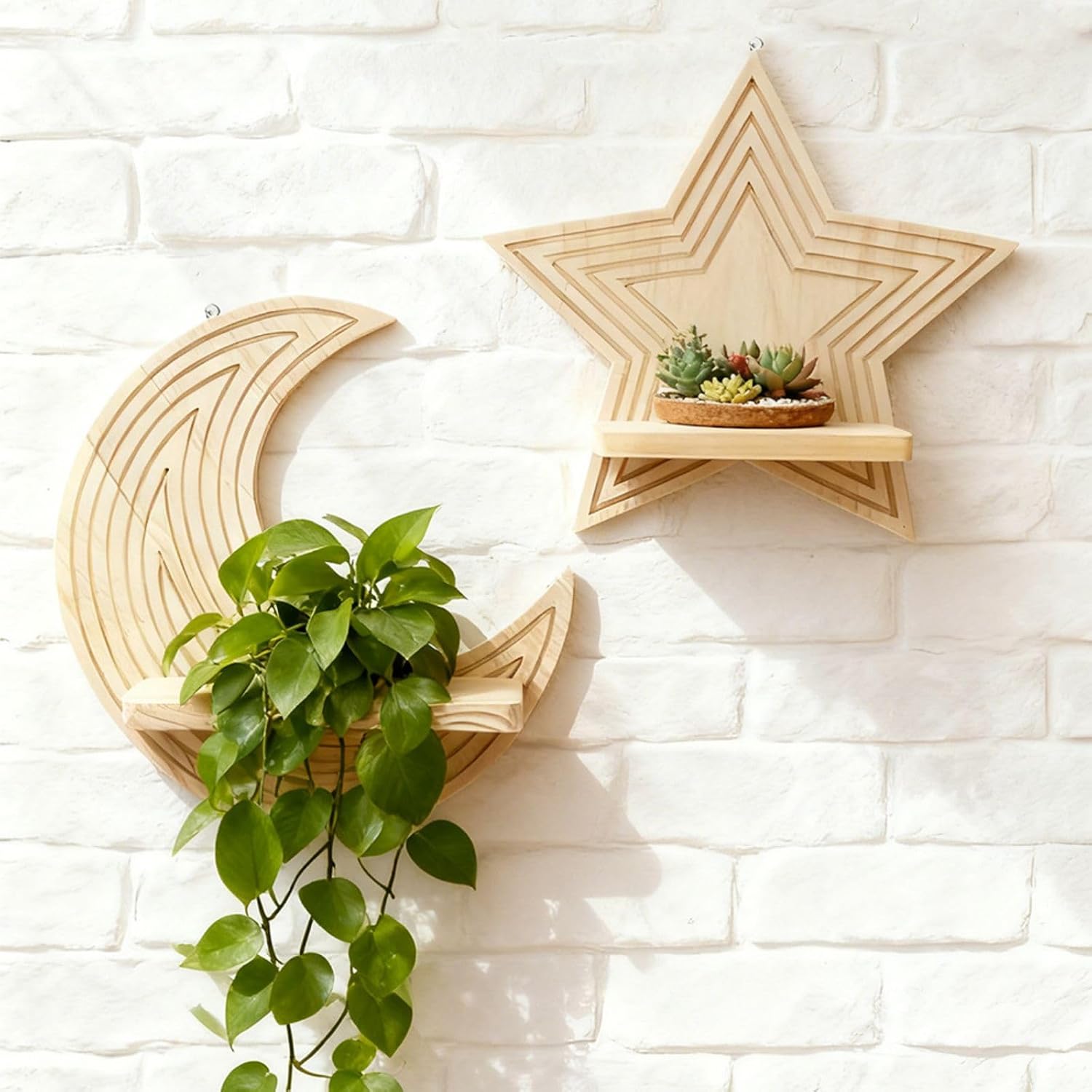 2 Pack Wall Plant Shelf, Boho Wooden Floating Wall Shelves, Unique Moon Star Wall Mounted Plant Holder for Living Room Bedroom, Mid Century Modern Home Decor with Natural Wood