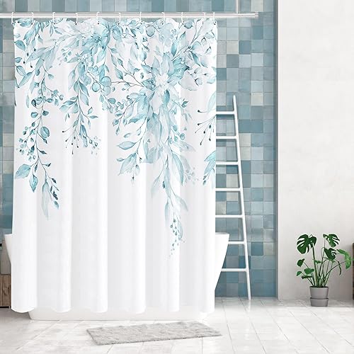 Miniatura 60 de Tititex - Juego de cortinas de ducha de hojas de eucalipto verde con cierres de presión, sin ganchos, forro interior verde, hojas de acuarela en la