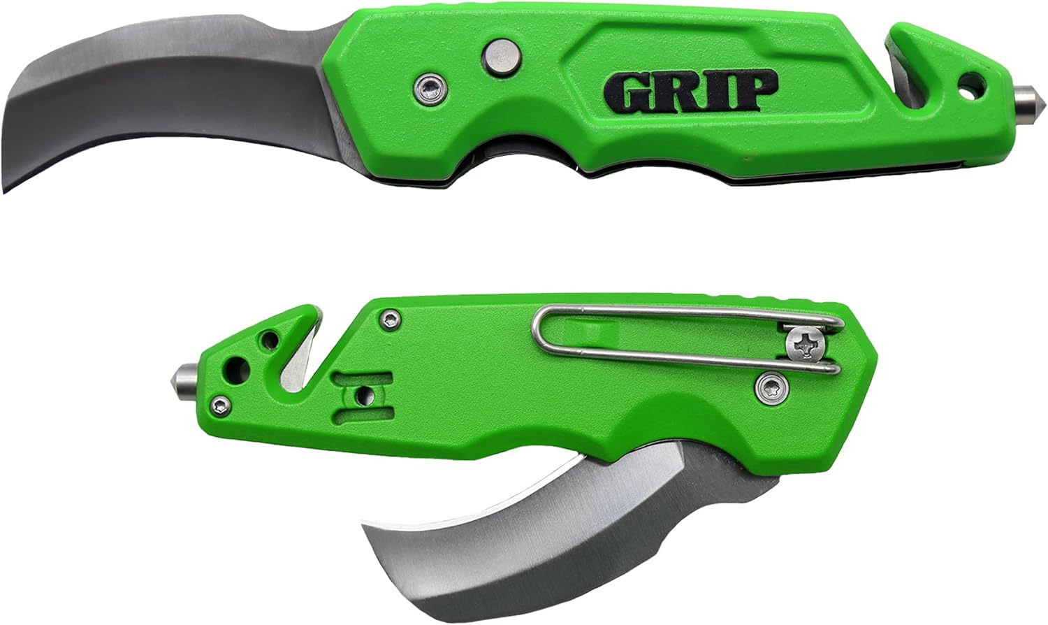 GRIP Hawk Bill Folding Utility Knife - Stainless Steel - Glass Breaker - Cut Carpet, Linoleum, Cardboard, Rope, Wire