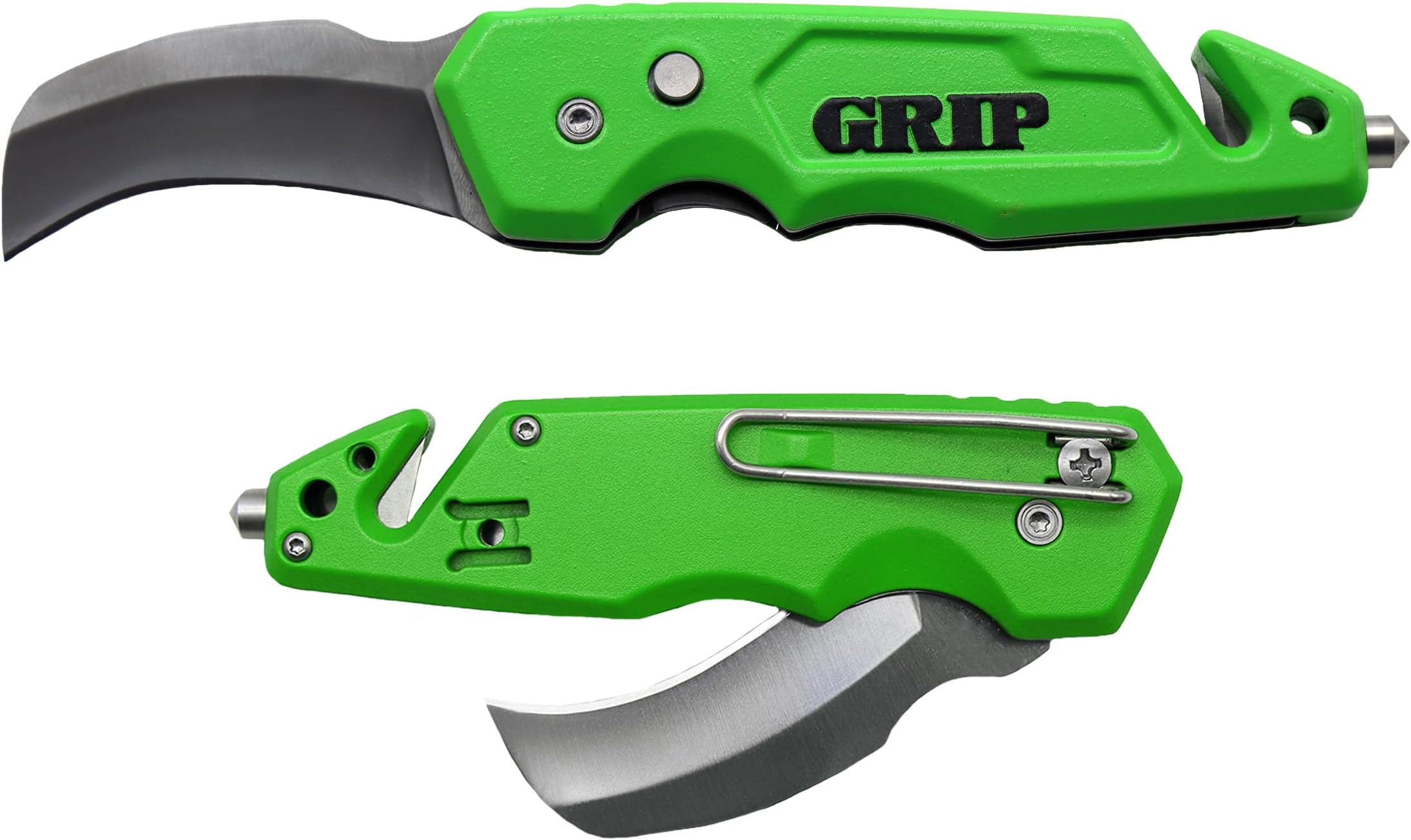 GRIP Hawk Bill Folding Utility Knife - Stainless Steel - Glass Breaker - Cut Carpet, Linoleum, Cardboard, Rope, Wire