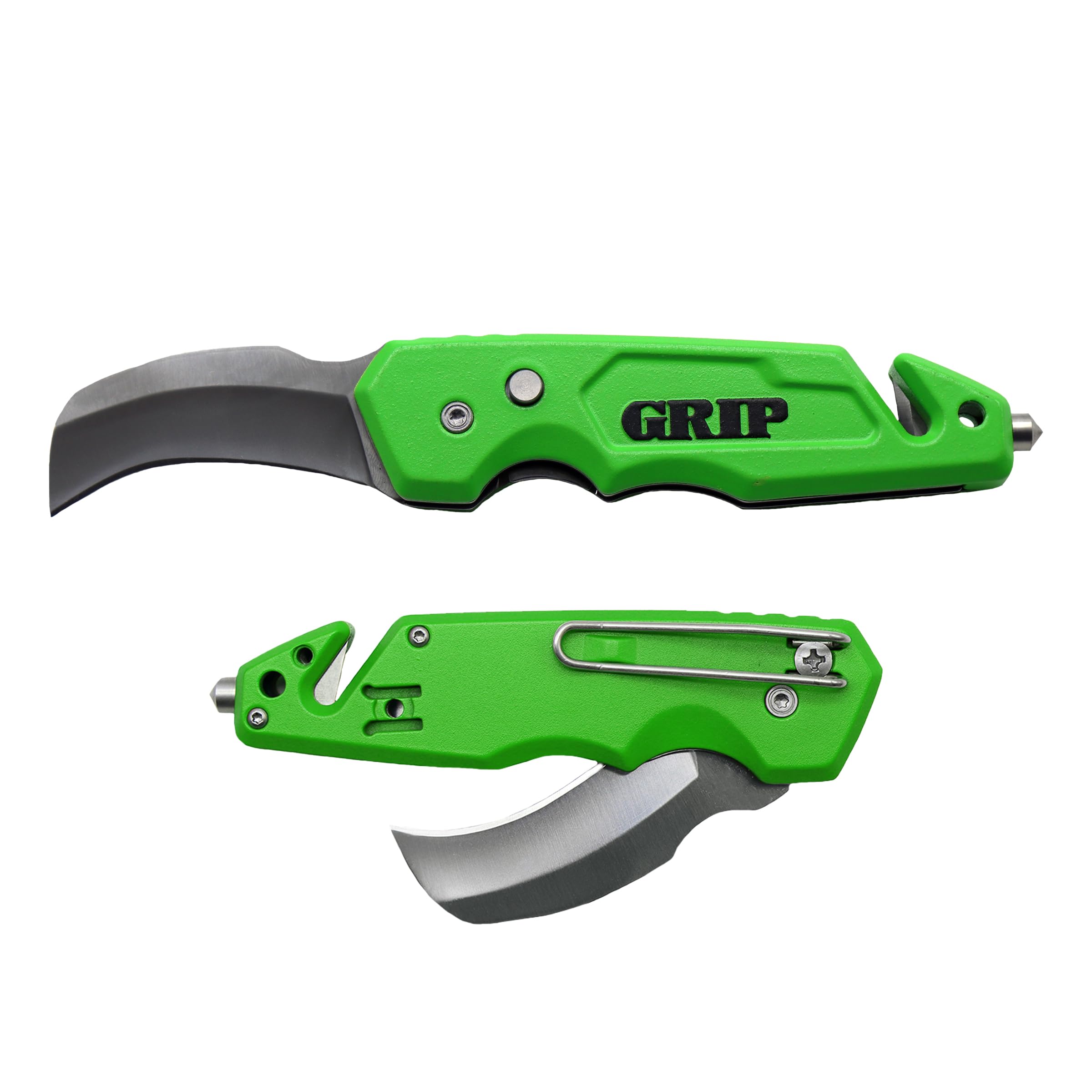GRIP Hawk Bill Folding Utility Knife - Stainless Steel - Glass Breaker - Cut Carpet, Linoleum, Cardboard, Rope, Wire