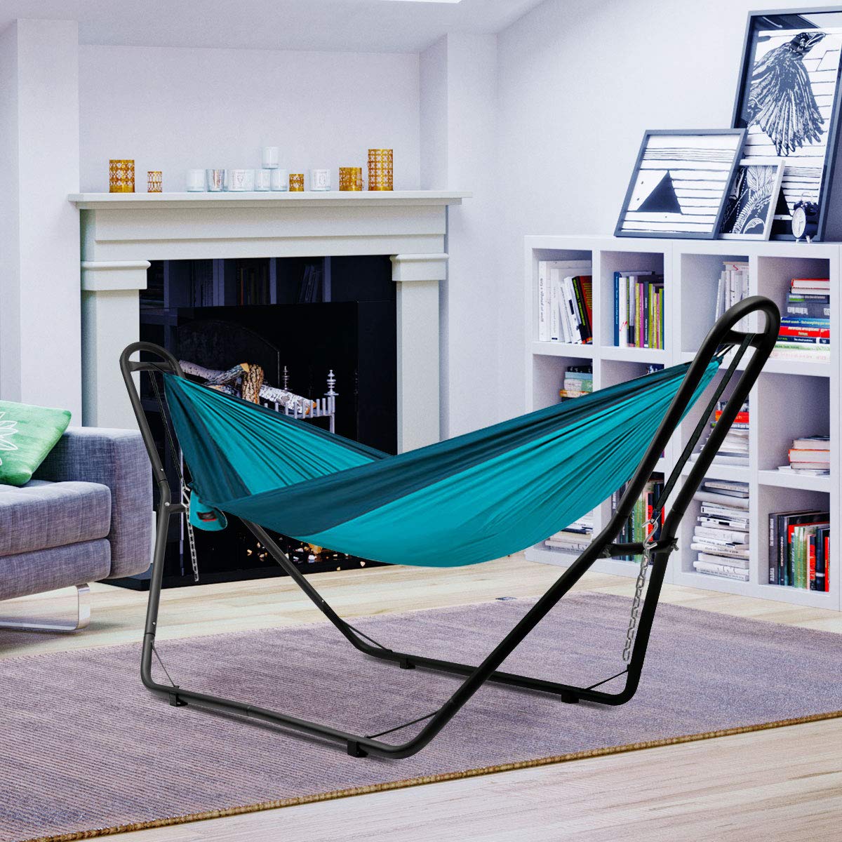 GYMAX Supporto per Amaca da Giardino, Portata di 200 kg, Telaio Metallico per Amaca a Dondolo, Doppio Tubo in Ferro, con Piedini Antiscivolo, Stabile e Durevole per Interno/Esterno