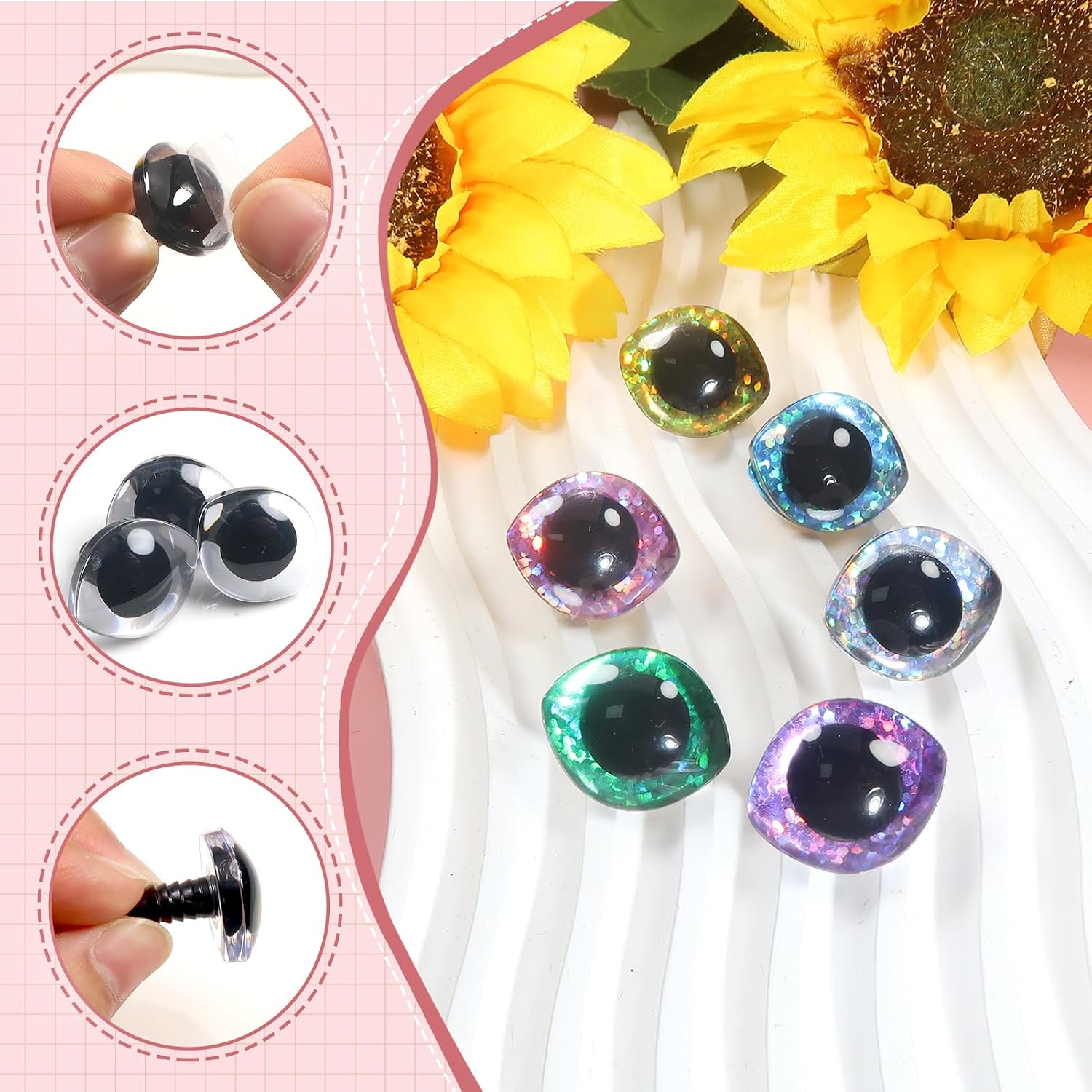 TOAOB 18 Set Glitter Safety Eyes for Amigurumis 2 Sizes Oval Mixed Colors Crochet with Washers Doll Eyes for DIY Puppet Stuffed Animals Making