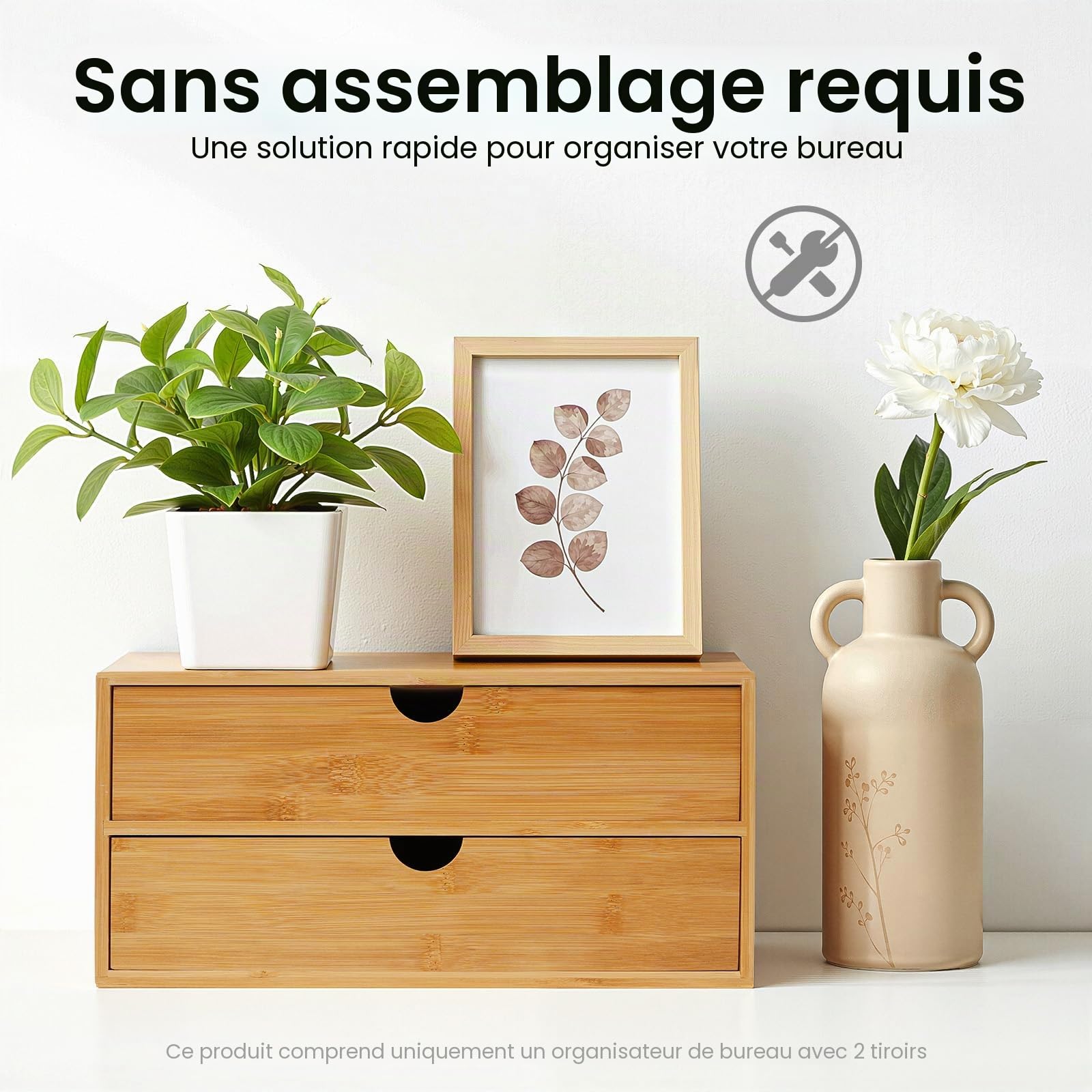 Organisateur de bureau, boîte à tiroirs en bambou, mini commode, design monobloc, boîte d'étagère boîte à maquillage avec 2 tiroirs pour bureau, salon et chambre à coucher
