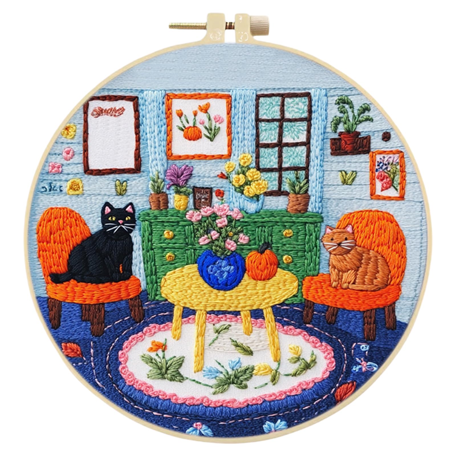 POETRYDRAW Black Ginger Pair DIY Embroidery Kit with 30x30cm Cotton Fabric & Bamboo Hoop for Beginners & Craft Lovers