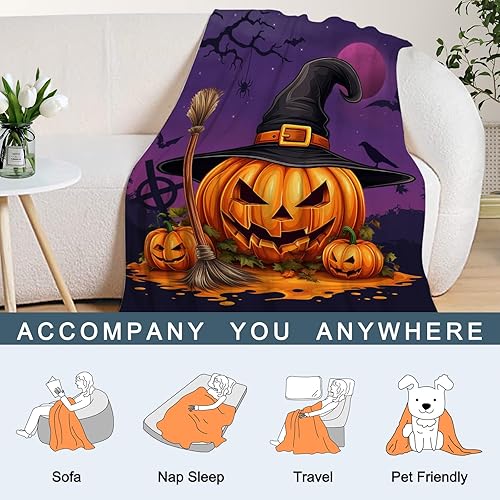 Miniatura 6 de Neatee Living Manta de Halloween tamaño individual, manta de bruja espeluznante morada, ligera, mullida, suave, manta de forro polar para sofá,
