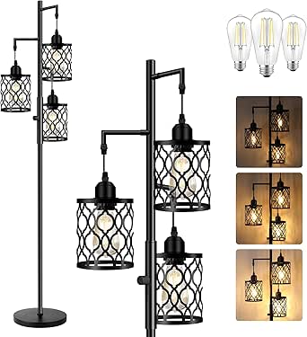Dimmable Farmhouse Floor Lamp with 3 LED Bulbs - Industrial Standing Tall Lamp for Living Room, Bedroom, Office