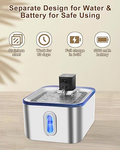 Miniatura 6 de Fuente de agua para gatos de acero inoxidable, fuente para gatos de 5 L, funciona con pilas, dispensador de agua para gatos y perros, bomba súper