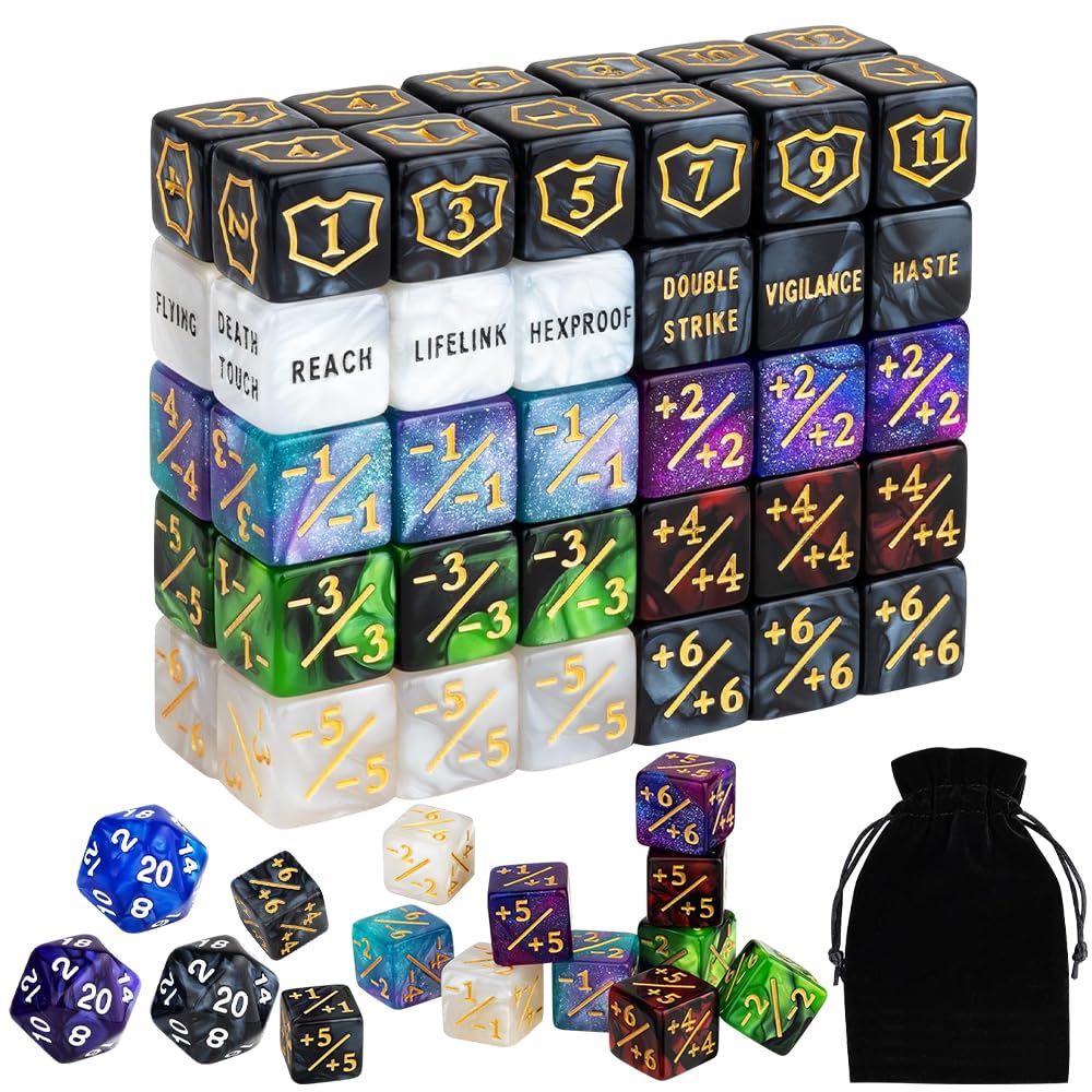 Contatore cubo, compatibile con MTG, 63 pezzi accessori per gioco di carte, contatore AbilityKeyword, 1/+1 contatore di vita, dadi D6, MTG TCG Cube Magic per accessori con custodia