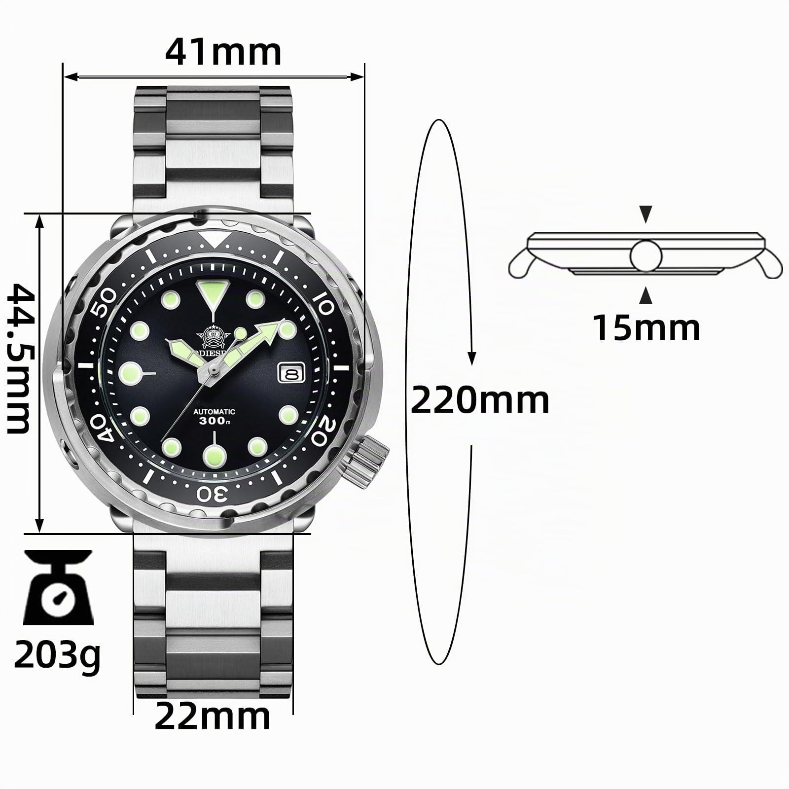 ADDIESDIVE Diver 300 Metri Orologio Subacqueo Uomo,Luminescente Orologi, 47.5mm Grande Quadrante Analogico