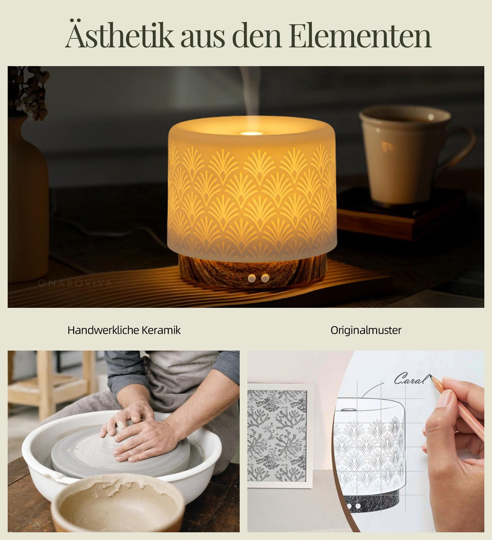Difusor de aroma – Difusor ultrasónico de aceites esenciales de 280 ml con humidificación del aire y luz nocturna para dormir de cerámica, apagado automático, sin BPA, silencioso, ideal para el hogar