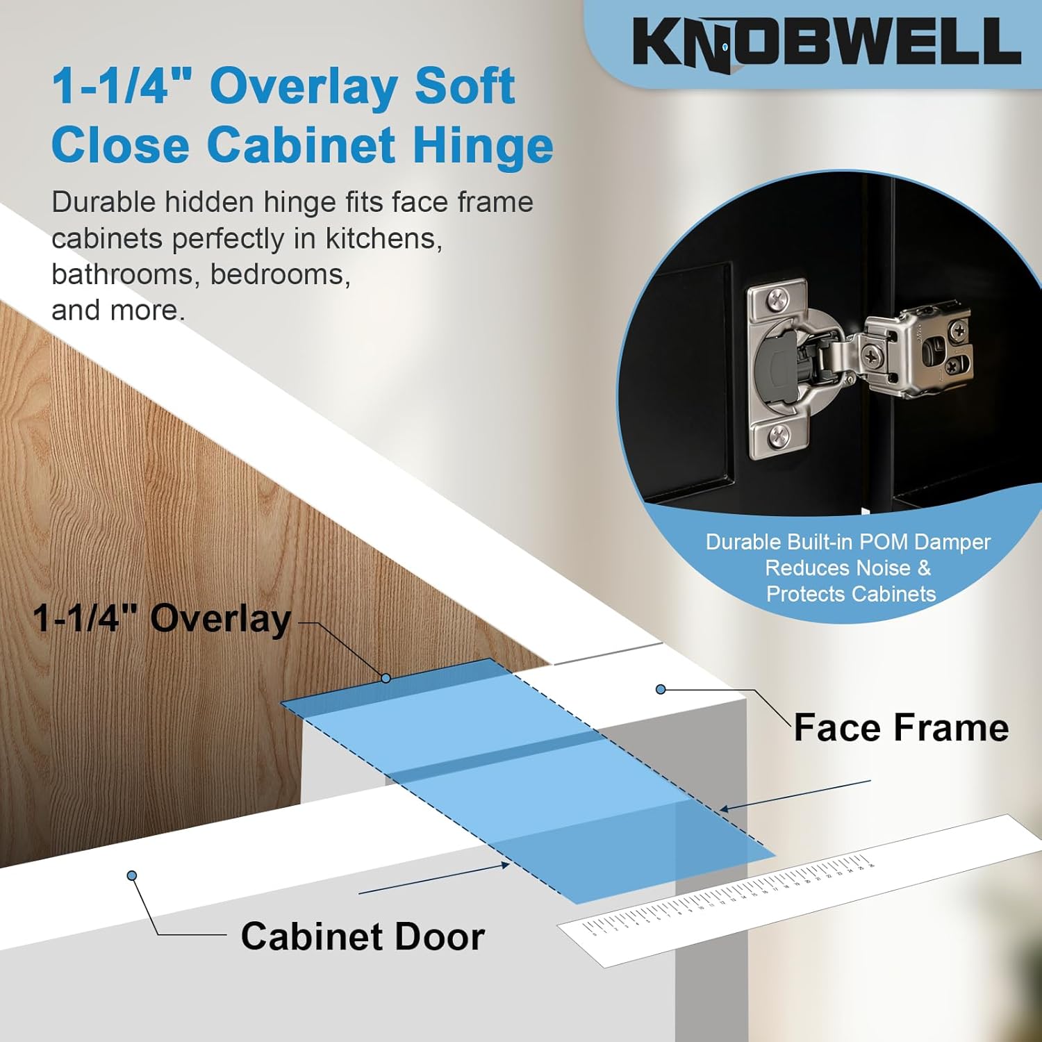 KNOBWELL 25 Pairs (50 Pack) 1-1/4" Overlay Soft Close Hinges, 105° Hidden Hinges for Face Frame Cabinet, Concealed Hinges 3D Adjustable Easy Installation, POM Damper to Slow Down and Quiet