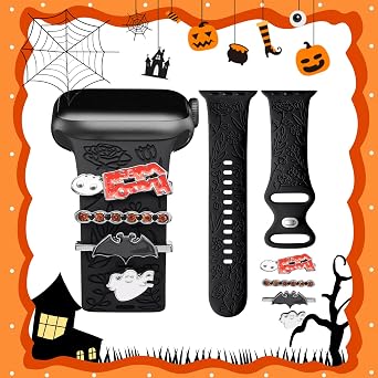 DaQin Halloween Engraved Band Compatible with Apple Watch Bands for Women 40mm 38mm 41mm 42mm,Soft Silicone Strap With Dressy Decorative Apple Watch Charms for iWatch Series 11 10 9 8 7 6 5 4 3 2 1 SE
