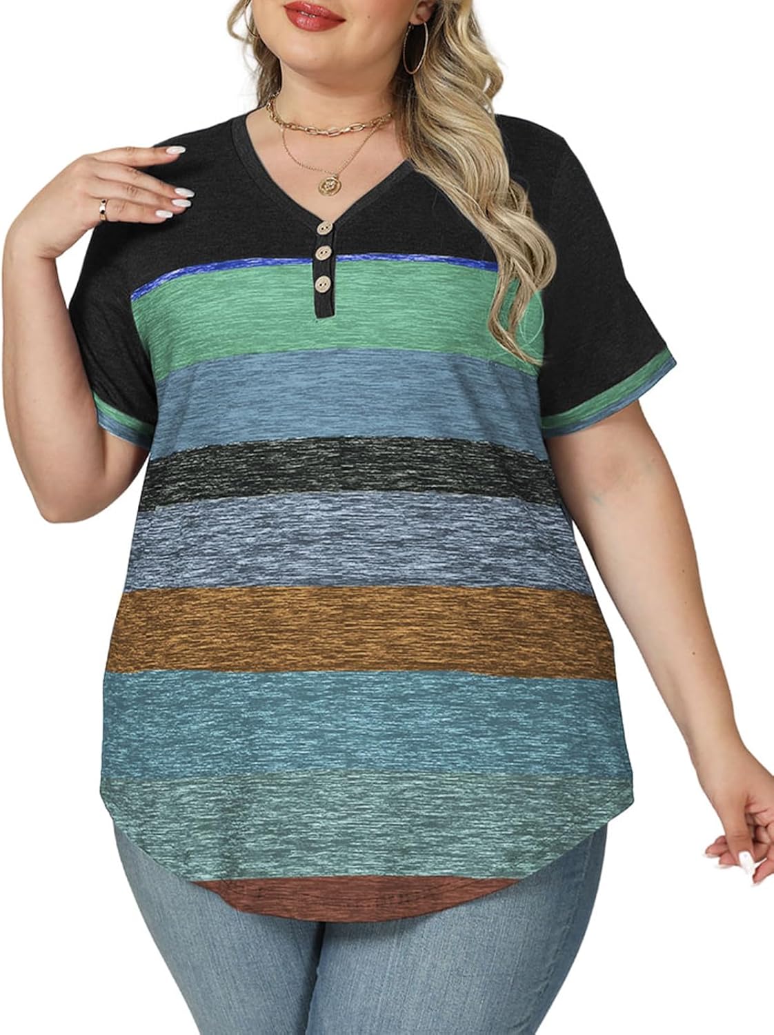 VISLILY Womens-Plus-Size-Summer-Tops Dressy V Neck T Shirts Trendy Striped Color Block Short Sleeve Buttons Up Blouses Tunics - Image 2