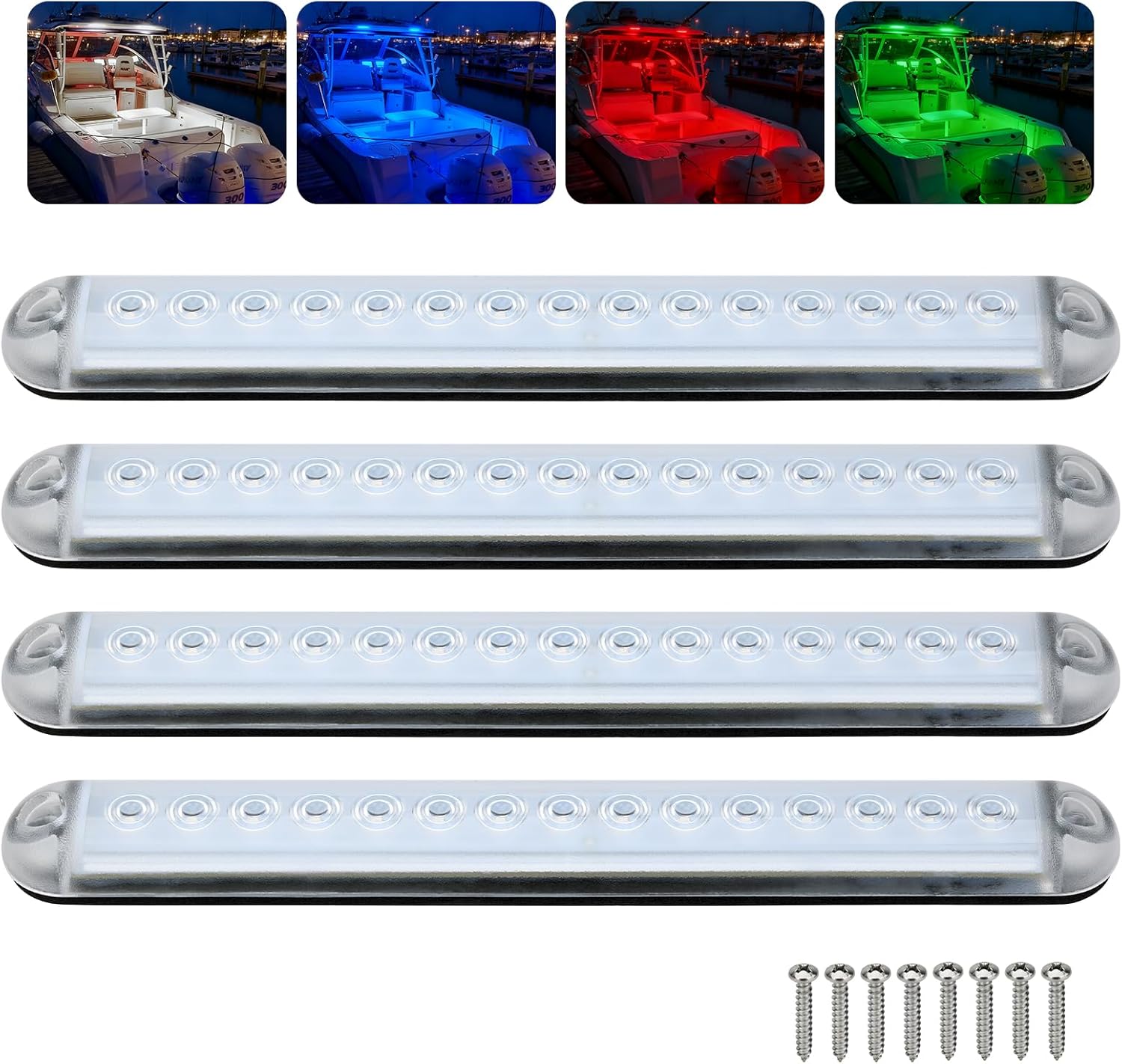 RGBW Boat LED Courtesy Light 12V 4PCS, 8 Inches Marine Courtesy Light Strip, IP67 Waterproof Boat Cabin Lights Interior Lighting for Pontoon Sailboat Bass Yacht Kayak