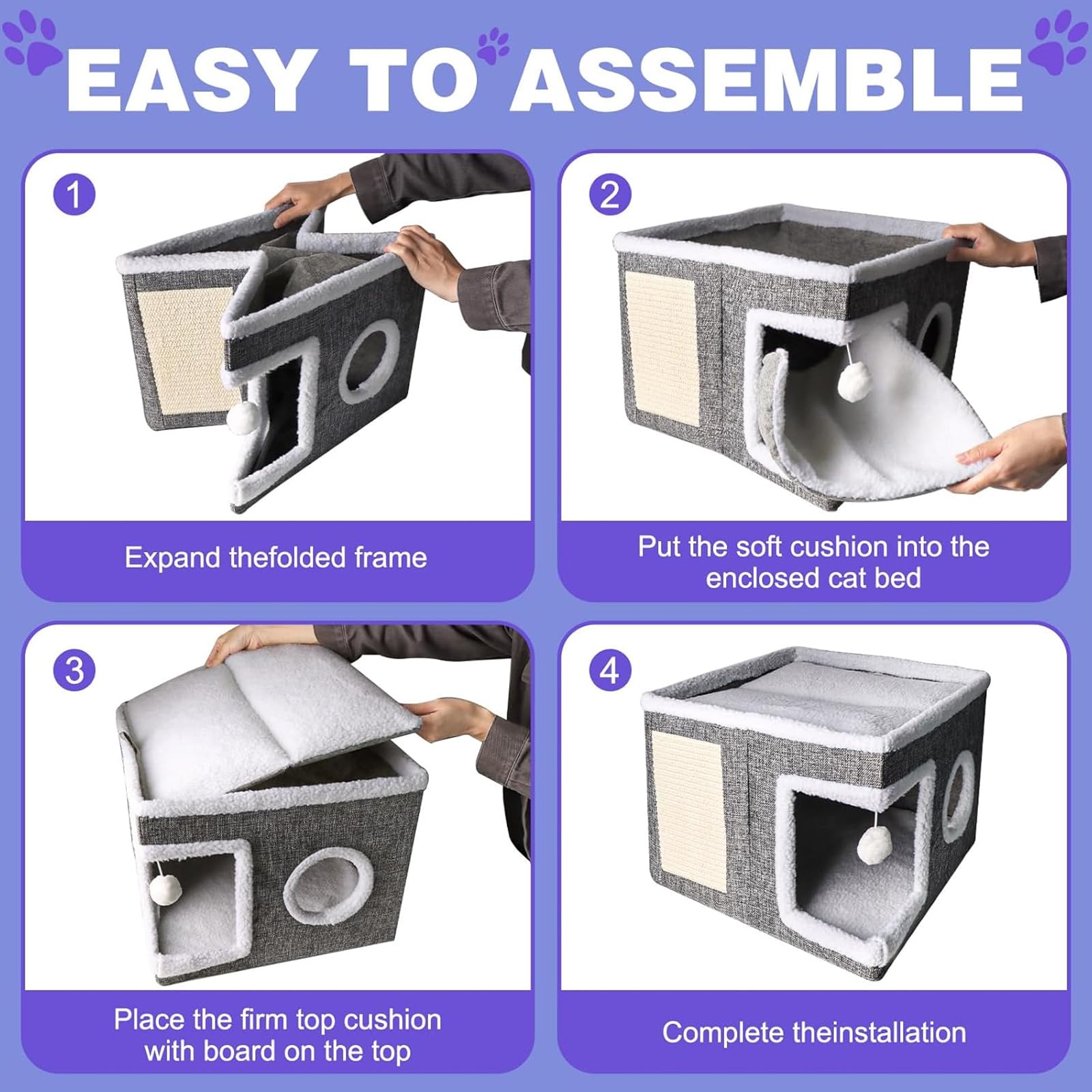 لينجي بيت قطط، سرير قطط للقطط في الاماكن المغلقة، منزل مكعب كبير قابل للطي للقطط مع وسادة خدش وكرة منفوشة معلقة (رمادي)