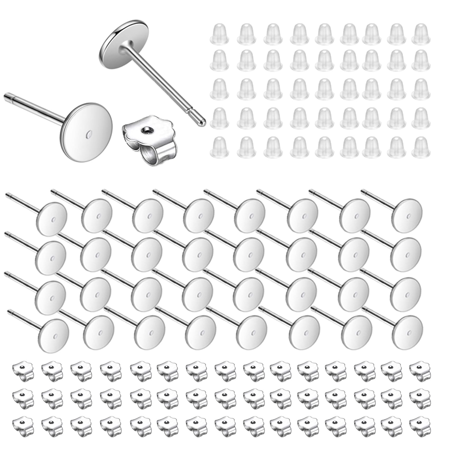 Ruirgo DIY Silver Earring Posts and Backs, Hypoallergenic Earring Studs for Jewelry Making, Stainless Steel Flat Pad with Butterfly and Rubber Bullet Earring Backs