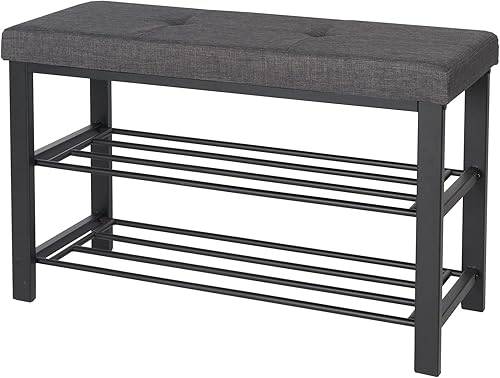 neatfreak Banco de almacenamiento tapizado para zapatos, banco de zapatos de doble asiento con cojín de asiento de tela tapizada y 2 estantes para