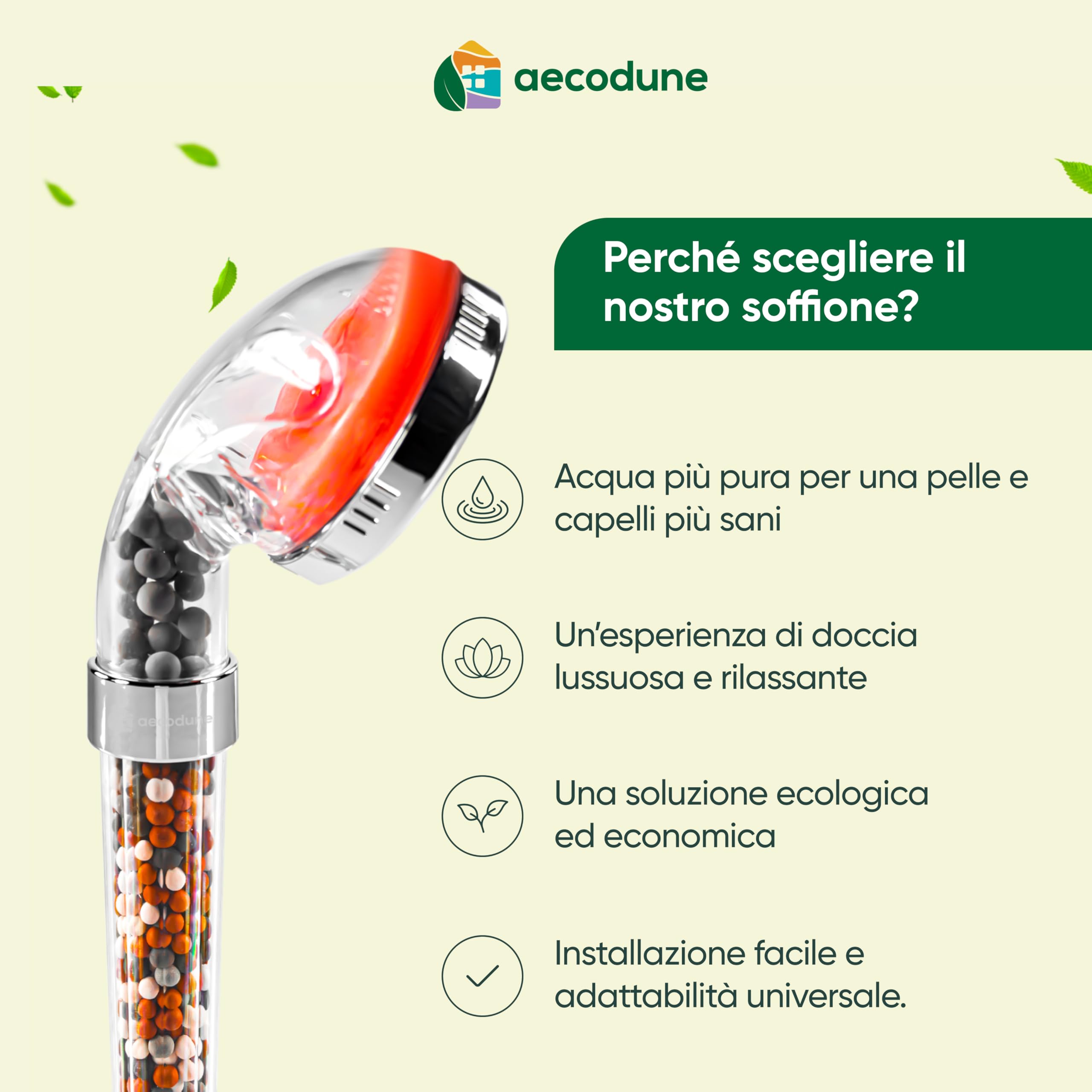 Aecodune Soffione Doccia con Filtro Premium Vitamina C - Universale Anticalcare - Riduce 99% Fluoro Cloro