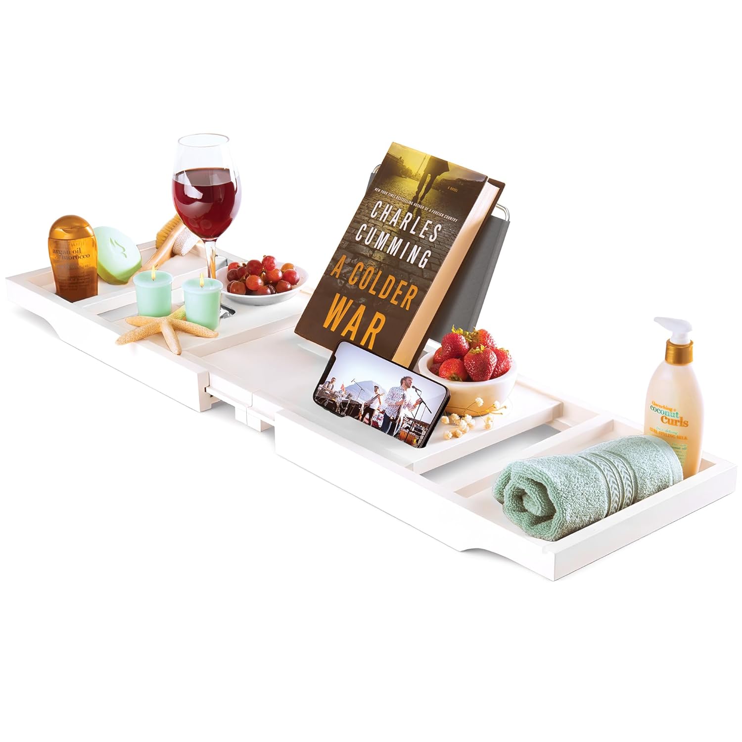 Wooden Bathtub Tray - Foldable Expandable Bamboo Bath Tray for Tub with Wine Holder Book Tablet Stand -