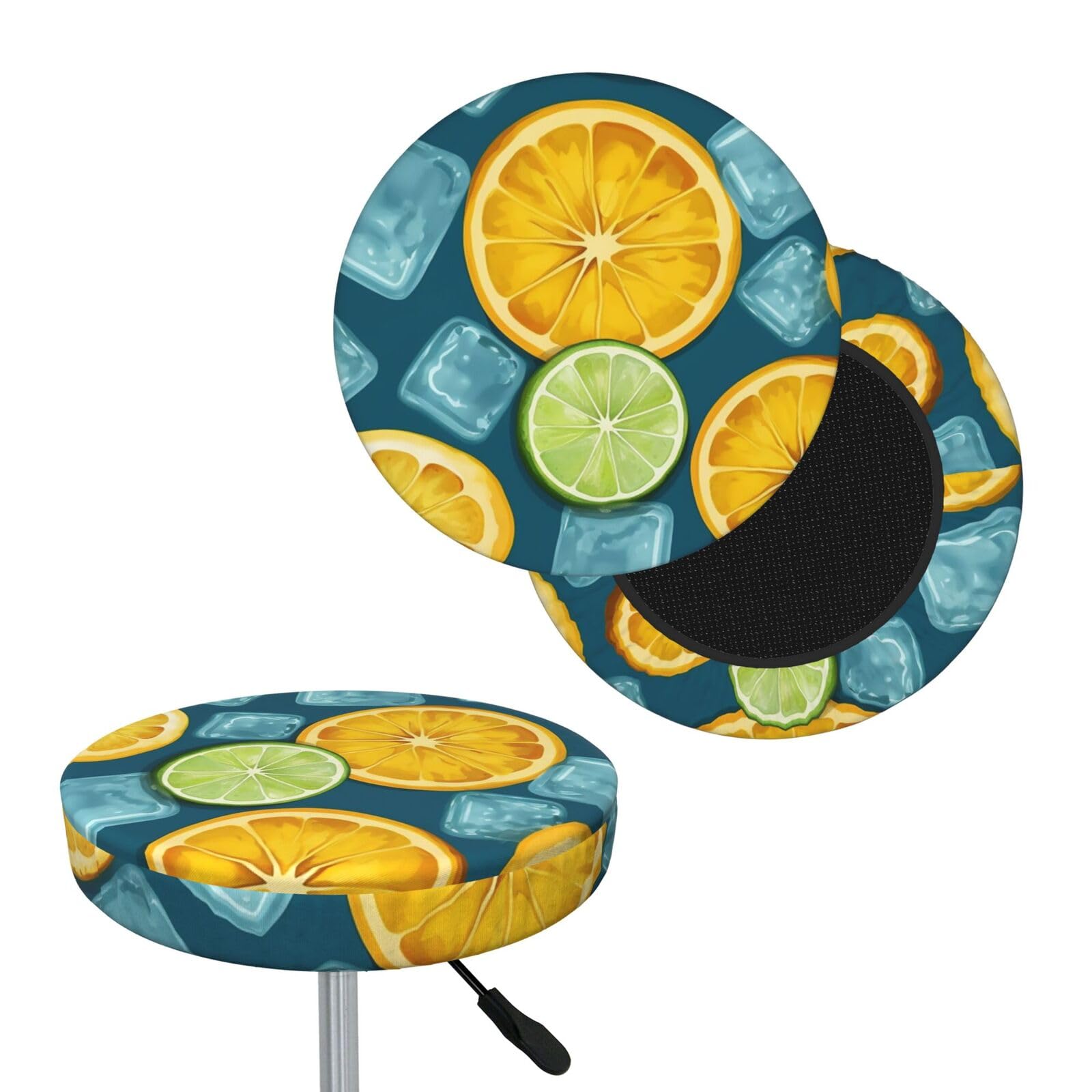 NONHAI Ice Cubes and Lemon Bar Stool Cover Round Elastic Stool Cushion Covers Dustproof Bar Chair Cover Washable Stool Cushion Slipcover Stretch Stool Seat Covers for 12-14 Inch Chair