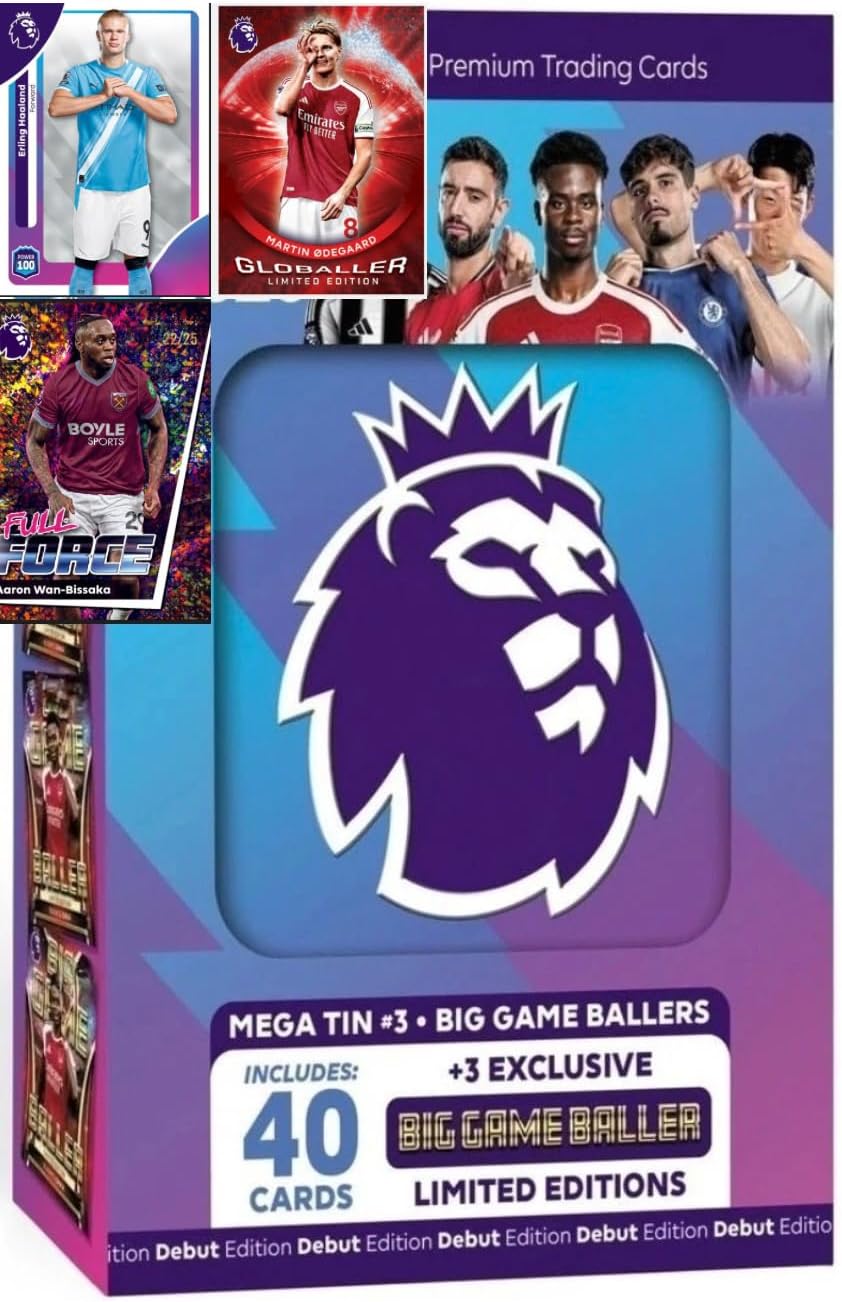 Premier League 2026 new - One Random Mega Tin - 40 Cards Including 3 Exclusive LE 25/26 Soccer Cards + Bundle with Hassential Sticker Premier League Soccer Cards