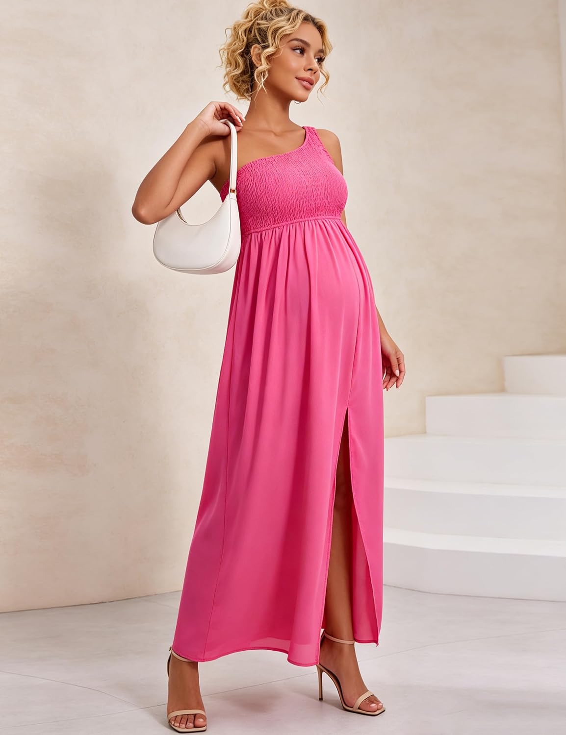 Maternity One Shoulder Maxi Dress Smocked Bodice Side Slit Flowy Elegant Evening Gown for Baby Shower Wedding