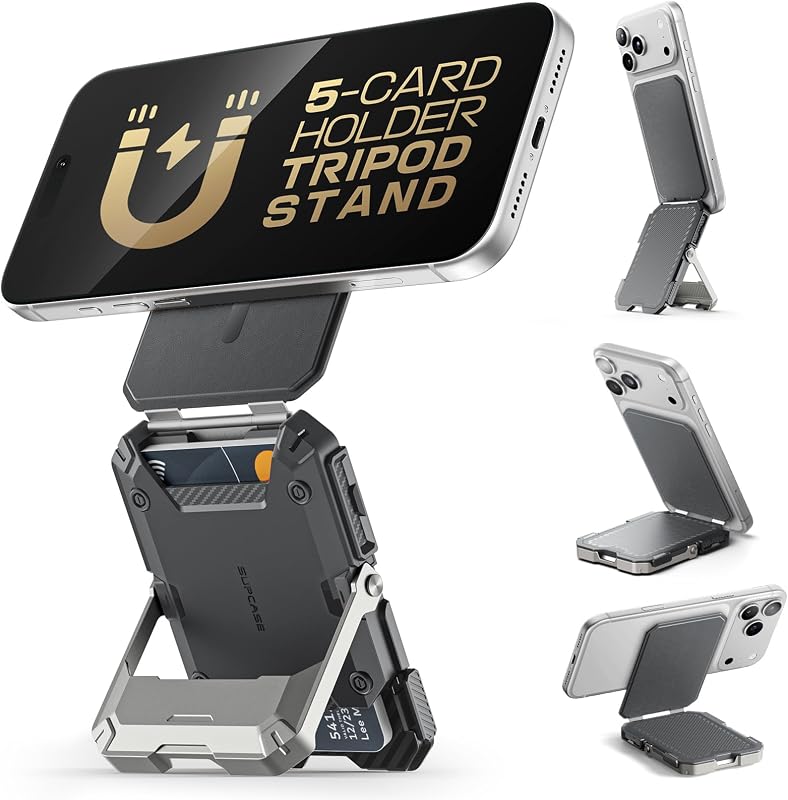 SUPCASE para billetera MagSafe con soporte, billetera magnética para hombres, [capacidad para 5 tarjetas] [soporte ajustable] [bloqueo RFID] soporte para teléfono soporte para tarjetas de crédito trípode para iPhone 17/16/15/14/13/12 Series, plateado