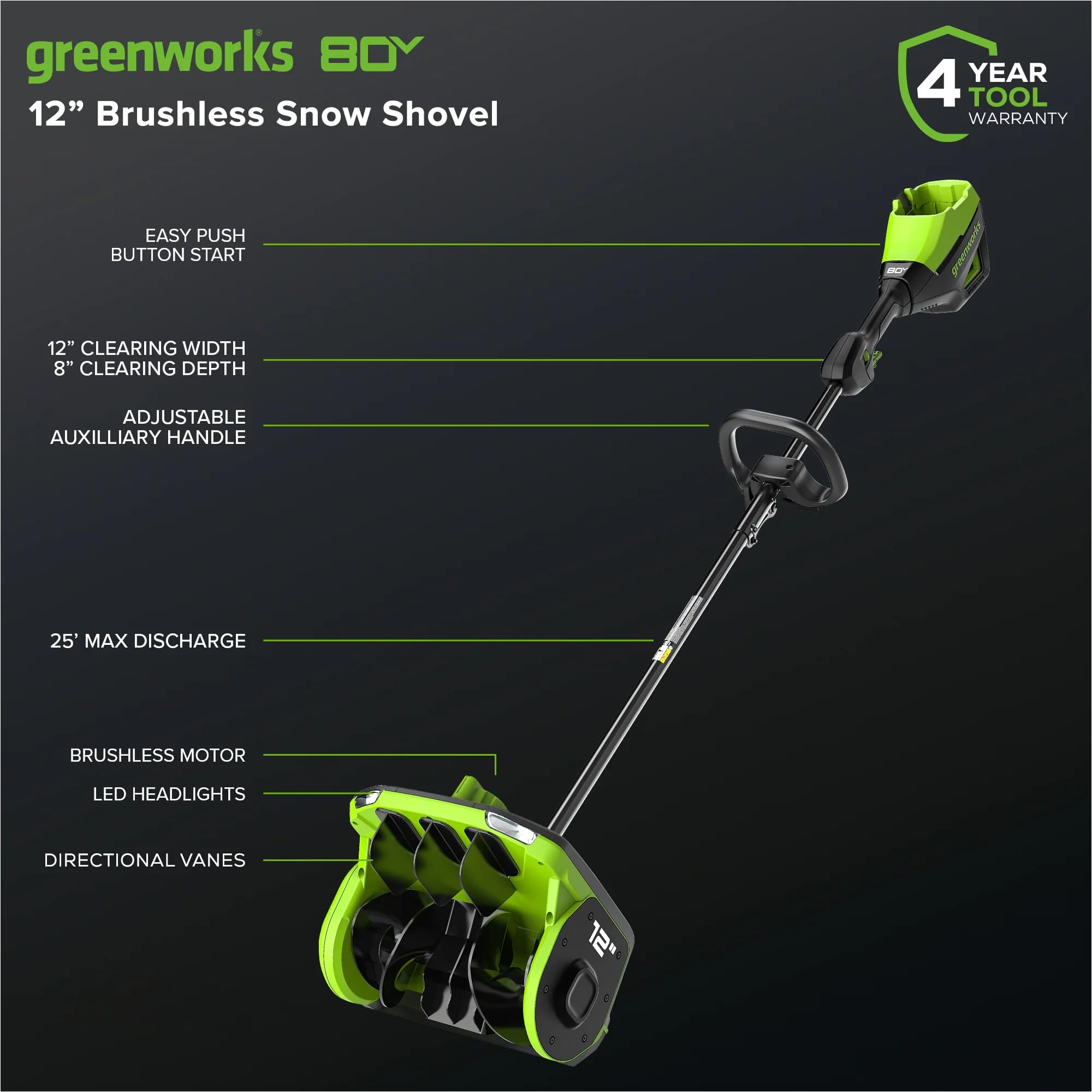 Greenworks - Pala de Nieve sin escobillas de 80 V, 12 Pulgadas, con paletas direccionales y luz LED, Solo Herramienta