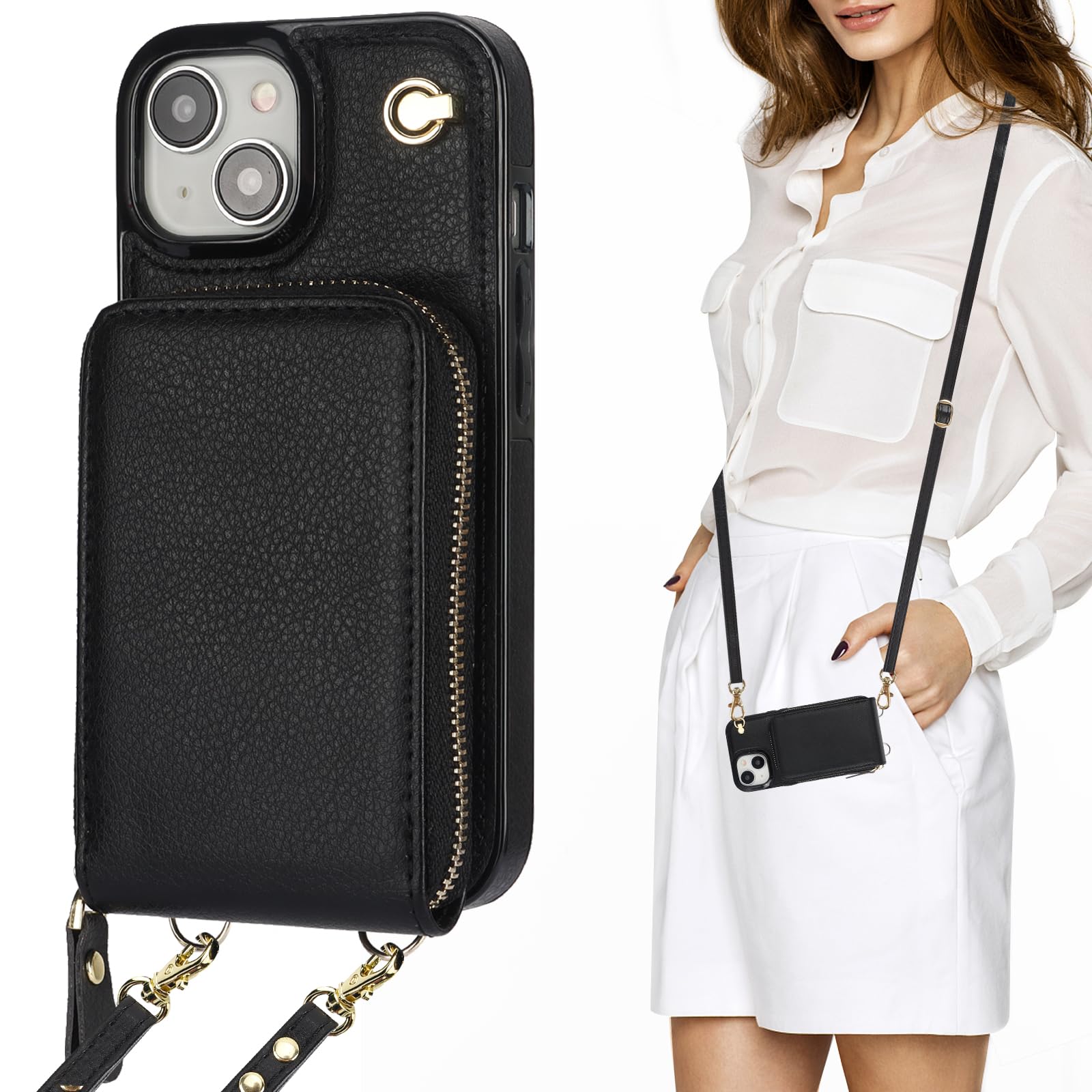 KIHUWEY Crossbody Wallet Case for iPhone 15, Zipper Pocket Case with Card Holder, PU Leather RFID Blocking Protective Cover Case with Kickstand Detachable Wrist Strap Lanyard 6.1