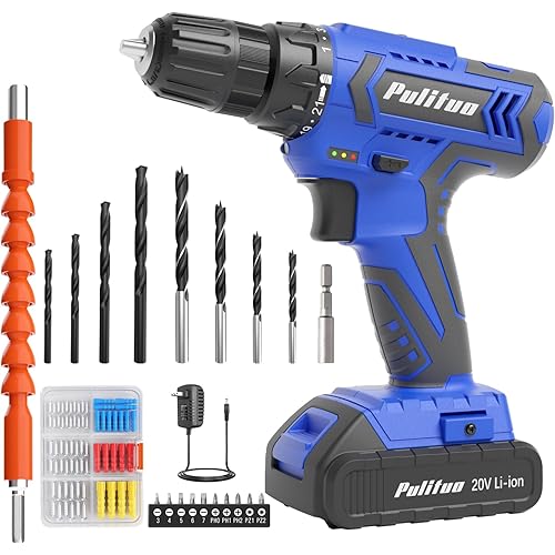 PULITUO 20V Electric Power Drill with Battery and Charger, 30N.m Torque, 21+1 Speeds, 59-pcs Drill Driver Bits Kit and Screws Set (Blue)