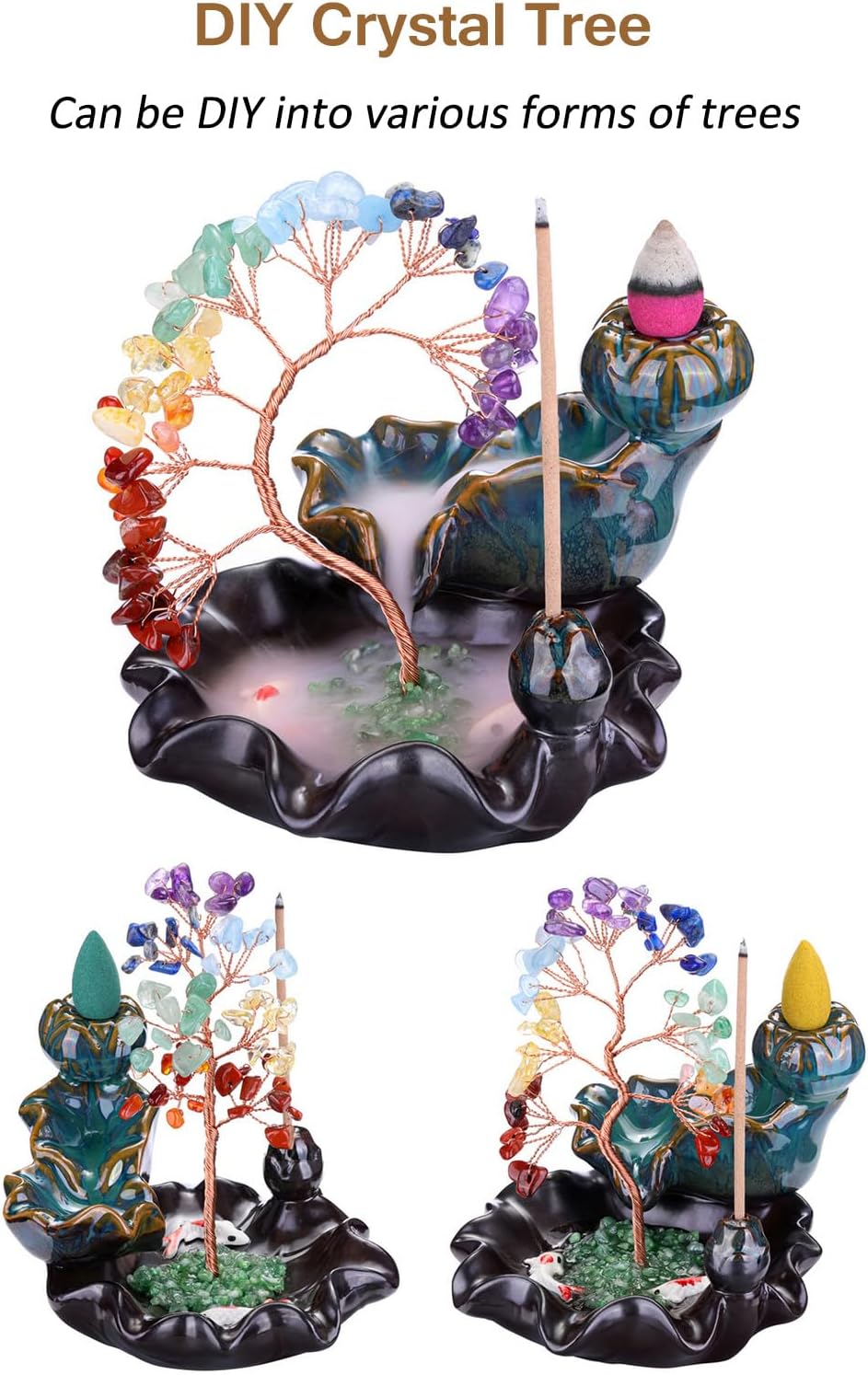 Jovivi Backflow Incense Burner Ceramic Incense Waterfall,7 Chakra Stones Healing Crystal Money Tree Incense Holder for Wealth, Good Luck, Yoga Meditation, Home Decor