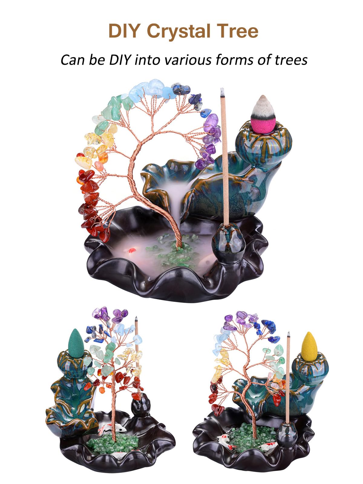 JSDDE - Soporte para incienso con árbol de cristal, 7 chakras, lote de quemador de incienso cascada de cerámica con pulsera de árbol de la vida, piedras naturales, quemador de reflujo, decoración de