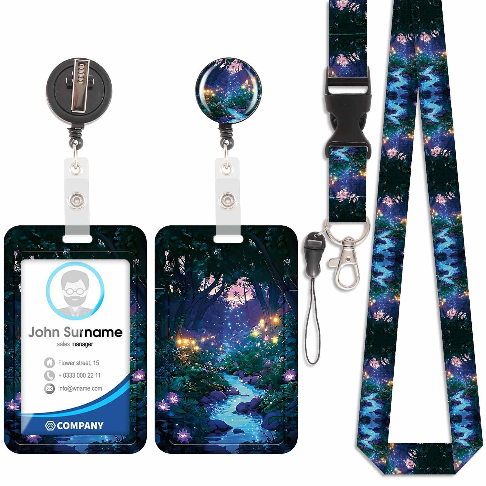 Badge Holder with Lanyard, ID Badge Holders with Detachable Cute Lanyard, Retractable Badge Reel Carabiner Clip, Personalized Vertical Card Cover Case Protector for Nurse Teacher Student (Forest)