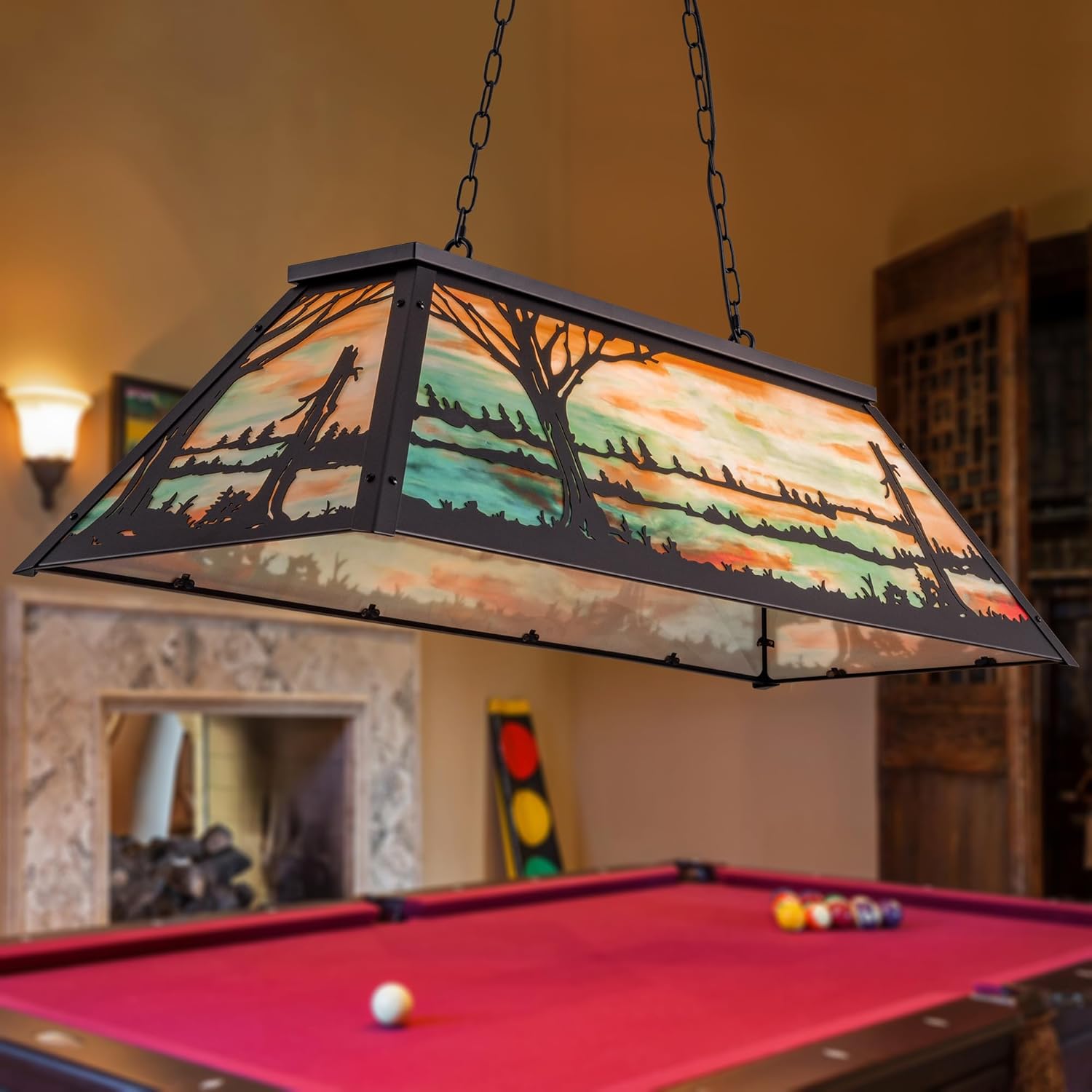 TOCHIC Vintage Pool Table Light 4-Light Rustic Tiffany Style Black Forest Lakes Billiard Light Fixture for Billiards Table Game Room Man Cave, Farmhouse Kitchen Island Dining Room Chandelier Lighting