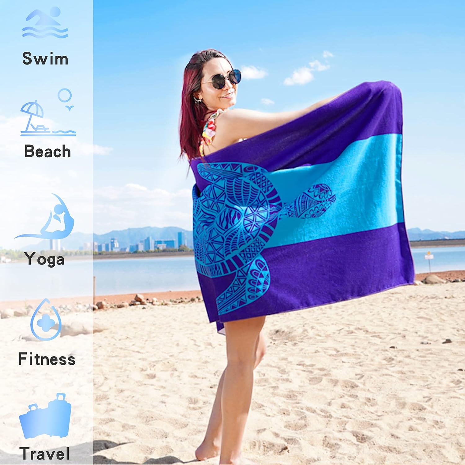 Oversized Beach Towel Microfiber Cotton Sand Free Large Sea Turtle Super Absorbent Quick Dry Soft Pool Towel Thick Long Terry Sandproof for Kids Men Women Adult Travel Swim Bath Gym 63" x 31"