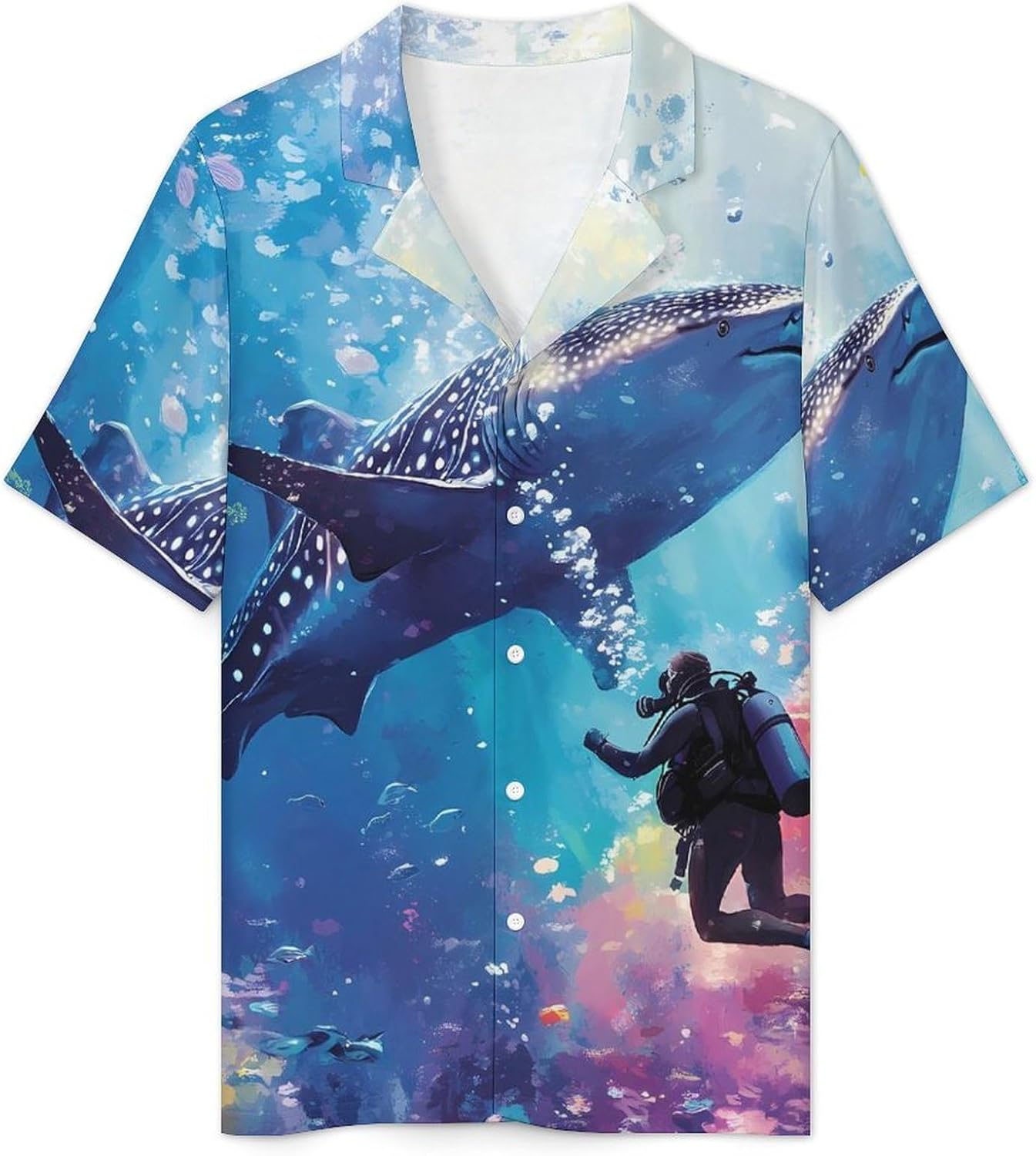 Scuba Diver And Whale Shark Swim Together Men's Short Sleeve Pajama Set Satin Silk Like Lounge Sleepwear