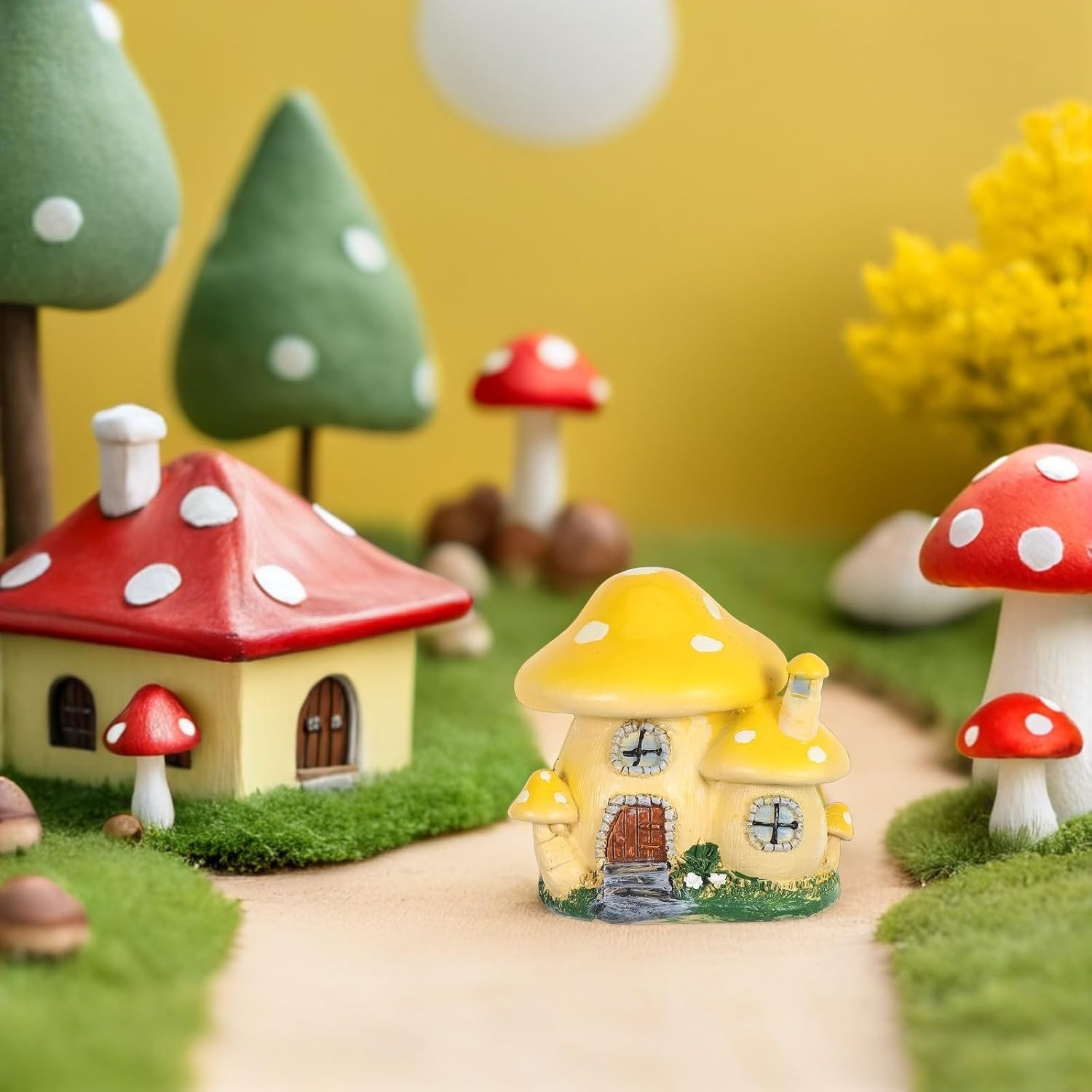 Miniature Resin Mushroom House Figurine Yellow Mushroom Sculpture for Decor | Compact Micro Landscape Accent, Low Maintenance Resin Build, Indoor Display