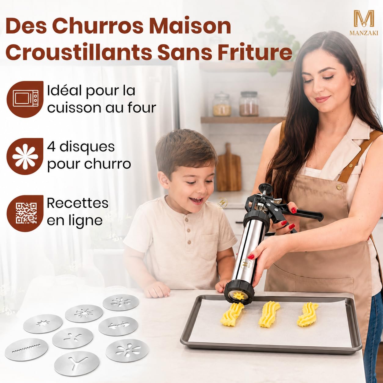 Machine à Churros Inox — Churros & Chichi Croustillants en Quelques Minutes — Appareil avec Poche à Douille Pro 41 cm — Presse à Biscuits Tunisiens — Sans BPA Certifié LFGB — 9 Disques 7 Douilles