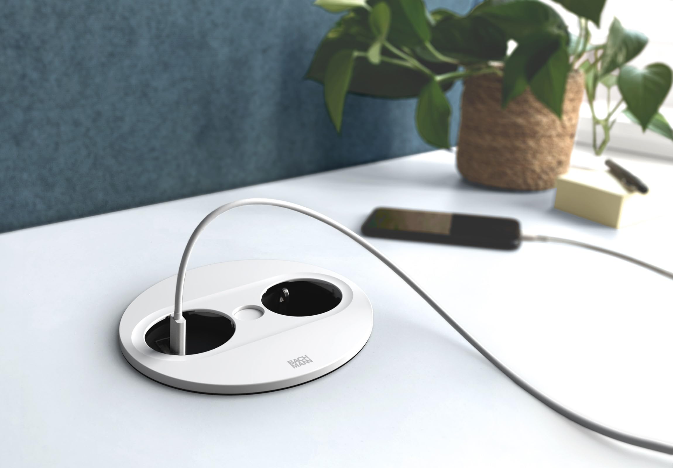 BACHMANN Einbausteckdose Twist 2 Rund 1x Steckdose mit USB A und USB C 2m Kabel Tischsteckdose für Küche und Büro Weiß 946.204 (mit automatische Öffnung und Anti-Fingerprint Beschichtung