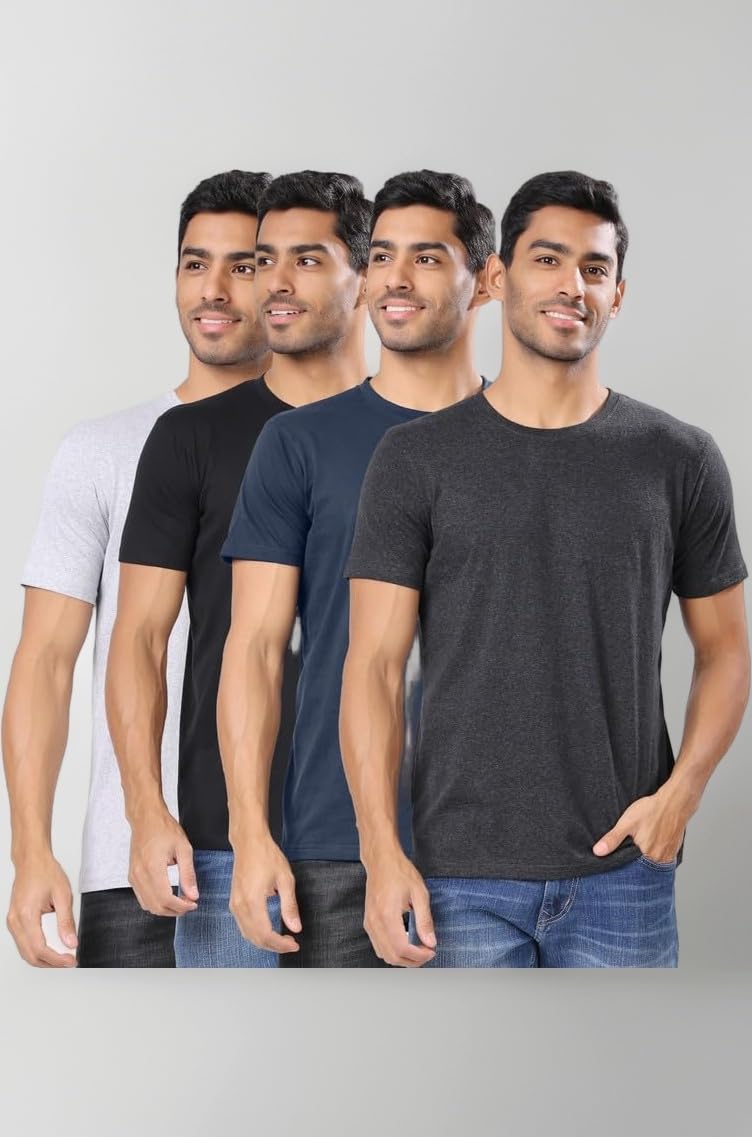 Men's Cotton Blend Regular Fit Solid Round Neck Half Sleeve T-Shirts - Pack of 4