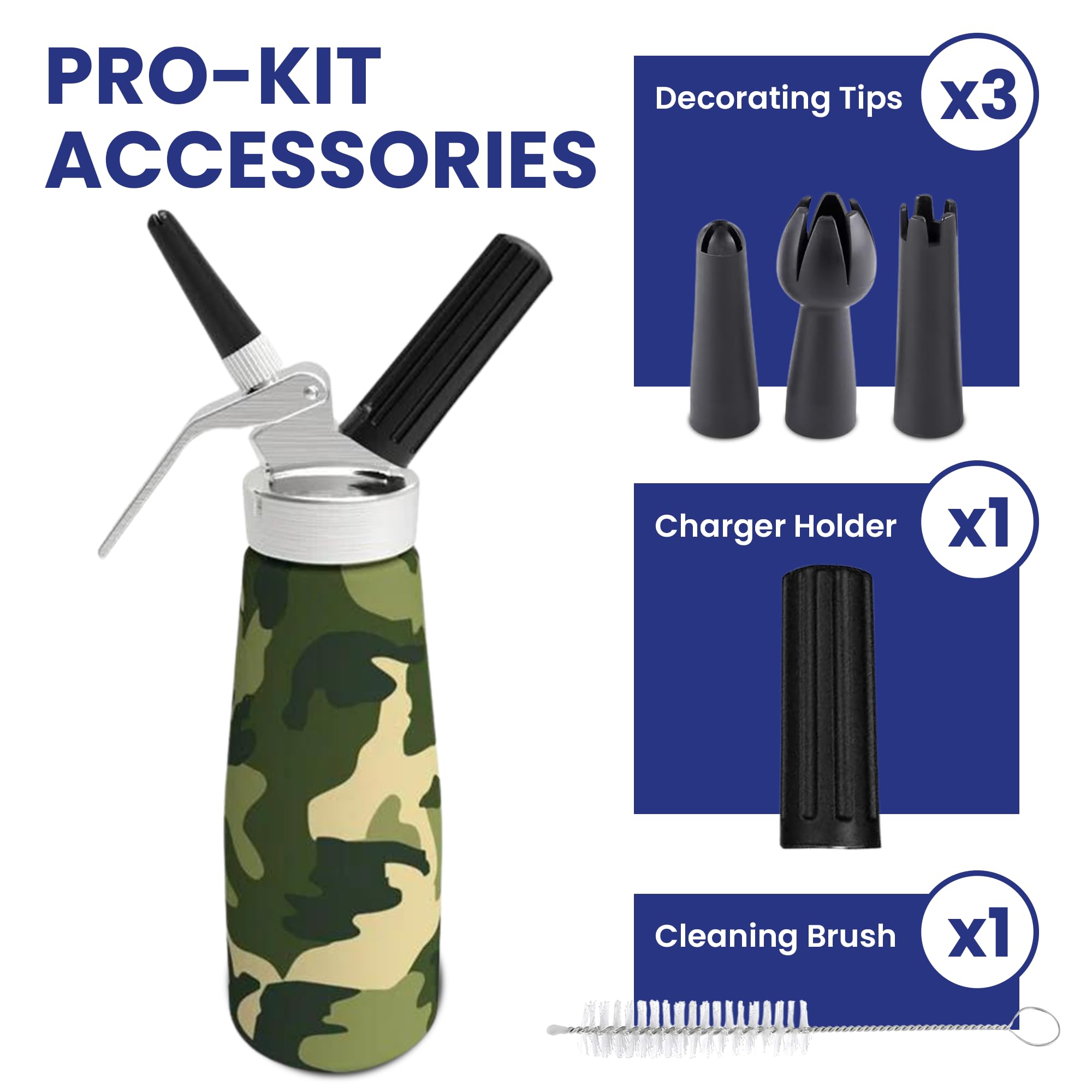 QuickWhip Aluminum Metal Whipped Cream Dispenser, Professional Whipper, 0.5L Full Canister with 3 Decorating Tip Nozzles (Camo Green)