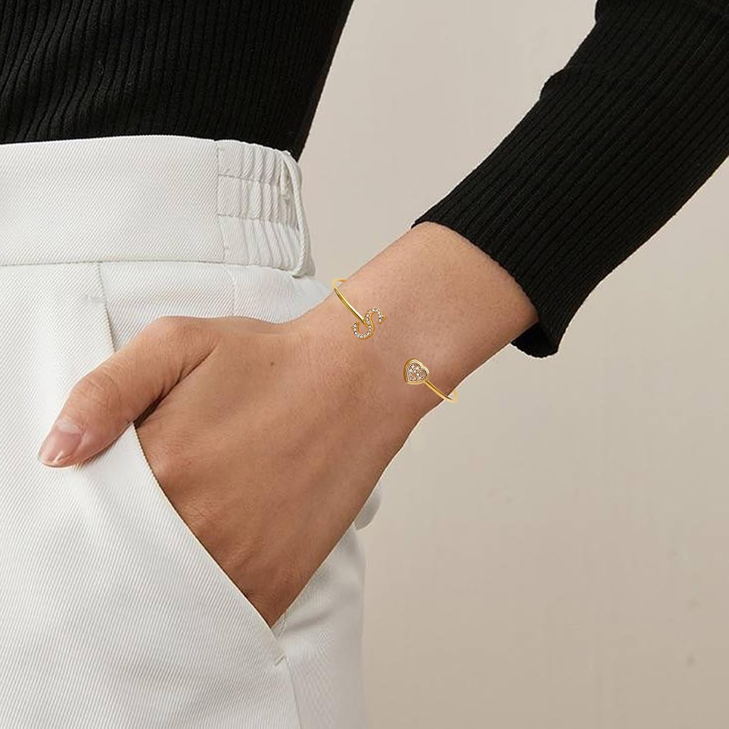 Gold Initial Bracelet for Women, Open Cuff Bangle with Cubic Zirconia, Personalized A-Z Letter Charm Bracelet, Fashionable Jewelry Gifts for Her - Image 3