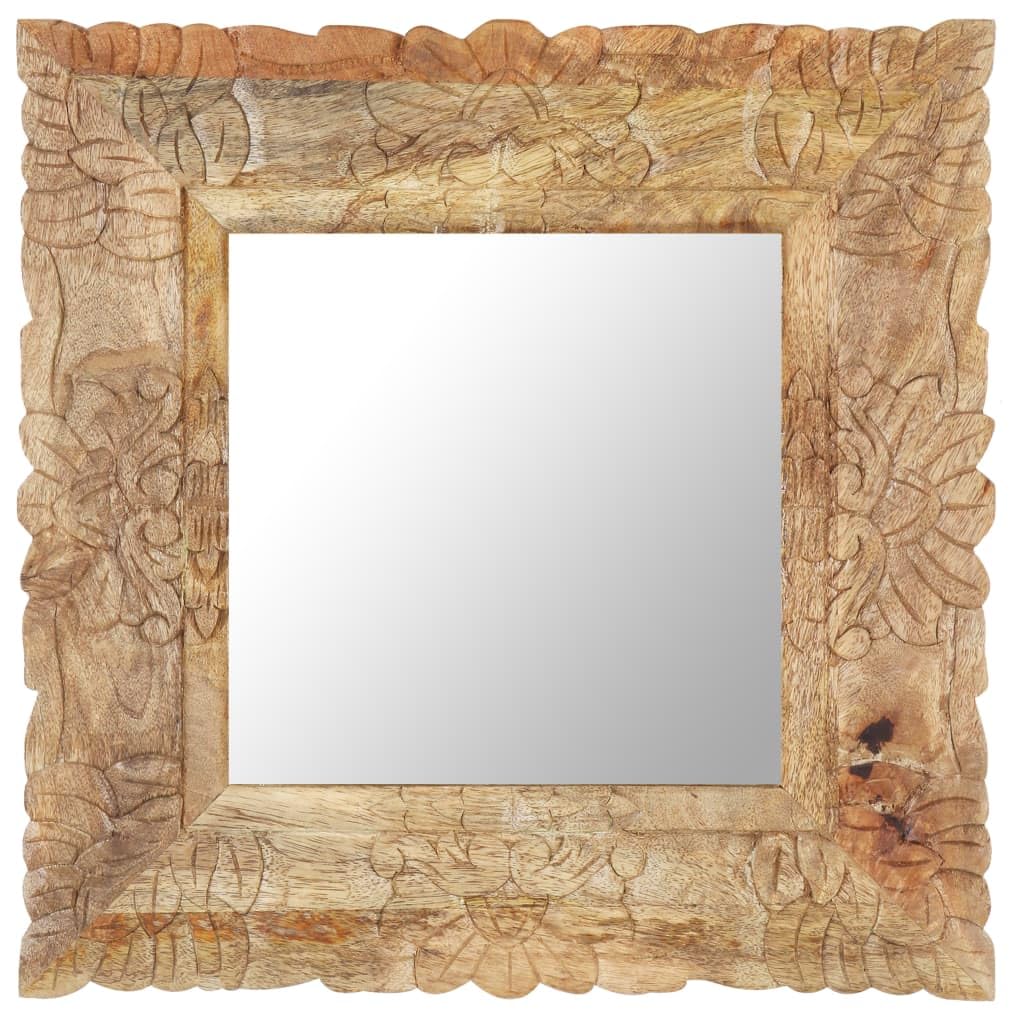 Spiegel aus massivem Mangoholz 50 x 50 cm mit handgeschnitztem Muster, freistehend für Flur Garderobe Schlafzimmer Bad, Deko Wand Spiegel für Make-up und Rasur