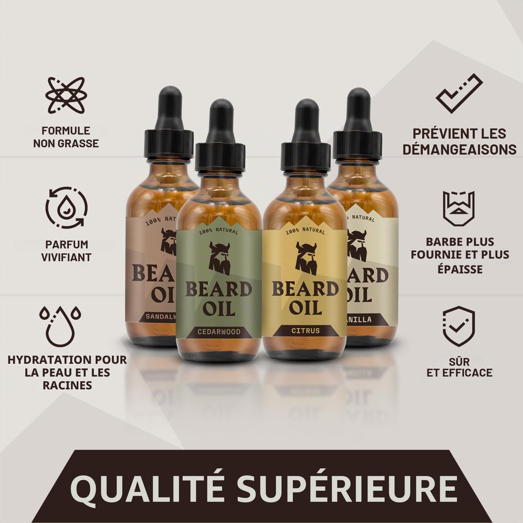 Striking Viking Lot de 4 huiles à barbe pour homme – Infusion adoucissante de style barbier – Favorise une croissance plus complète de la barbe – Senteurs De Santal, De Vanille, De Cèdre et D'agrumes