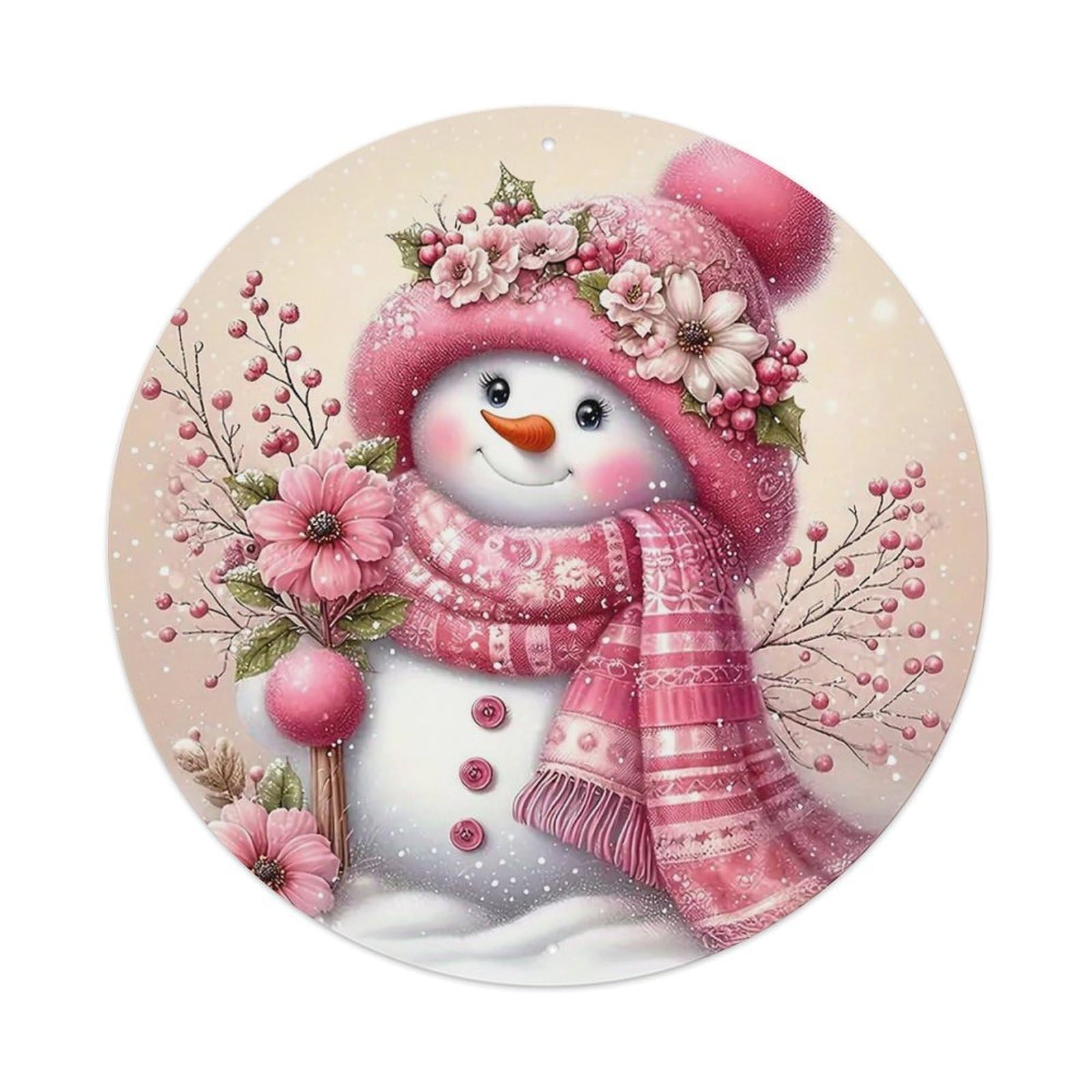 Pink Floral Snowman Winter Scene Vintage Metal Tin Sign Retro Wall Decor for Home Bar Garage Cafe, Indoor & Outdoor Decorative，circle Metal Poster, 8x8 Inch